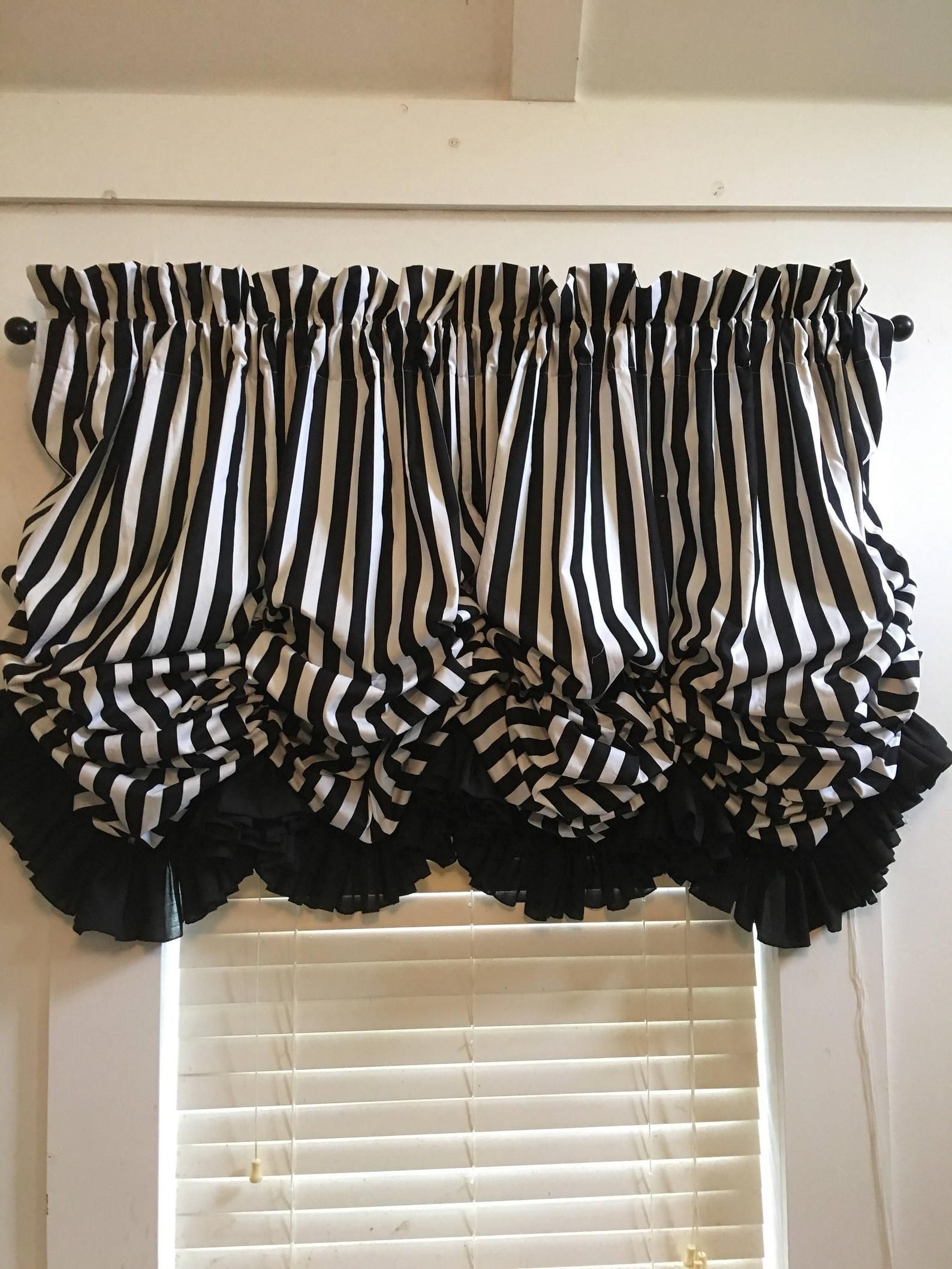Black And White Striped Functional Balloon Curtain With Rod With Regard To Rod Pocket Cotton Solid Color Ruched Ruffle Kitchen Curtains (View 15 of 20)