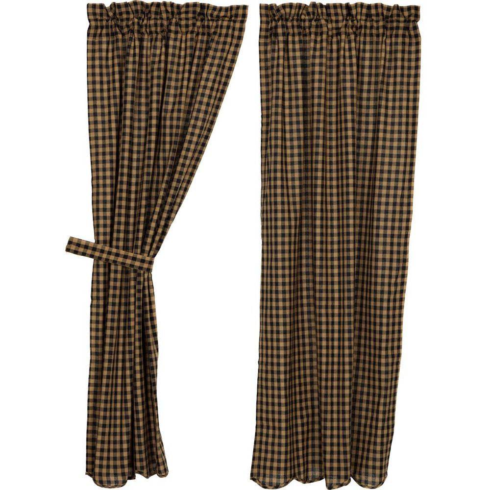 Black Check Scalloped Short Panel Set Curtains Rustic Khaki Country  Primitive 840528110931 | Ebay With Regard To Check Scalloped Swag Sets (View 6 of 20)