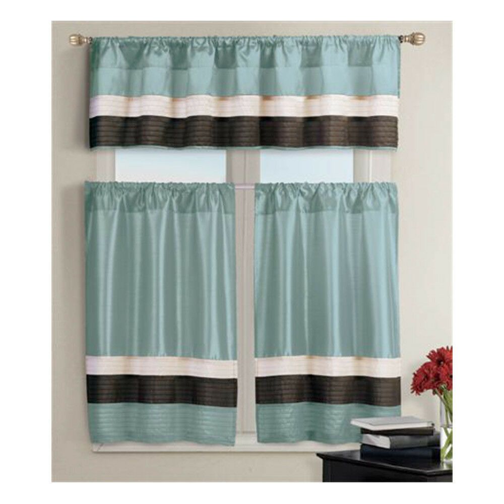 Blue 3 Pc Small Curtain Set" 1 Valance2 Tierspleated Brown Inside Pleated Curtain Tiers (View 7 of 20)