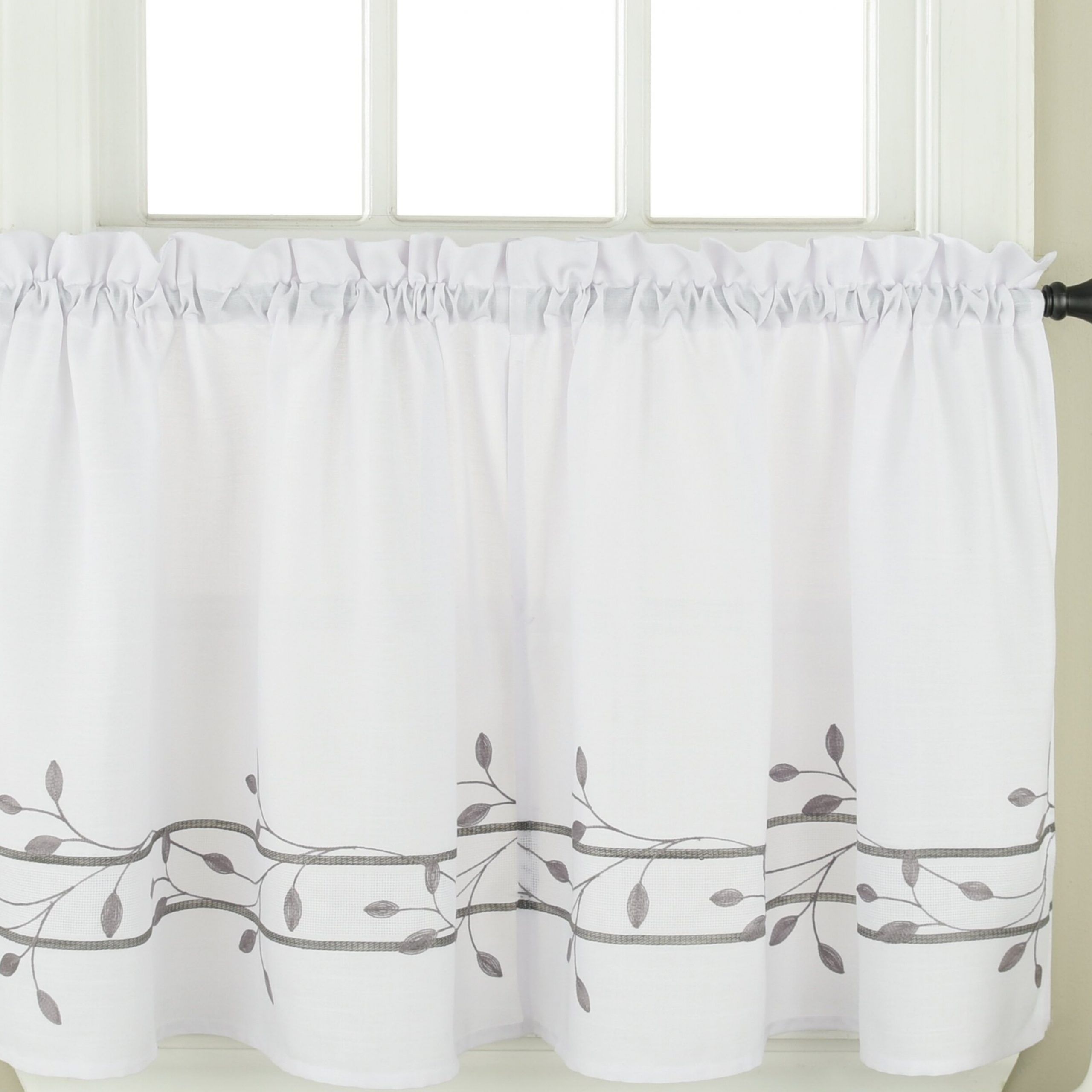 Bouck Embroidered Tier Cafe Curtain Pertaining To Scroll Leaf 3 Piece Curtain Tier And Valance Sets (View 18 of 20)