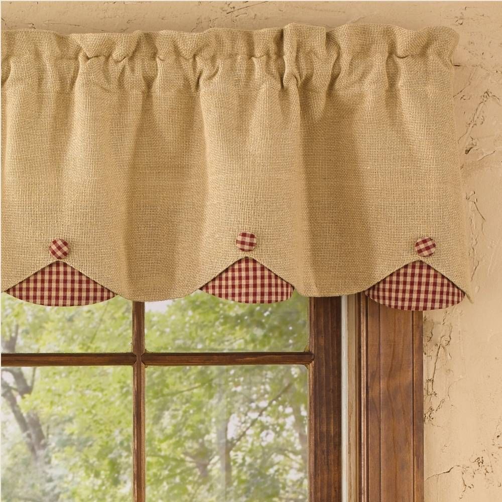 Burlap Check Red Lined Scallop Valance Curtains Kitchen Within Red Primitive Kitchen Curtains 