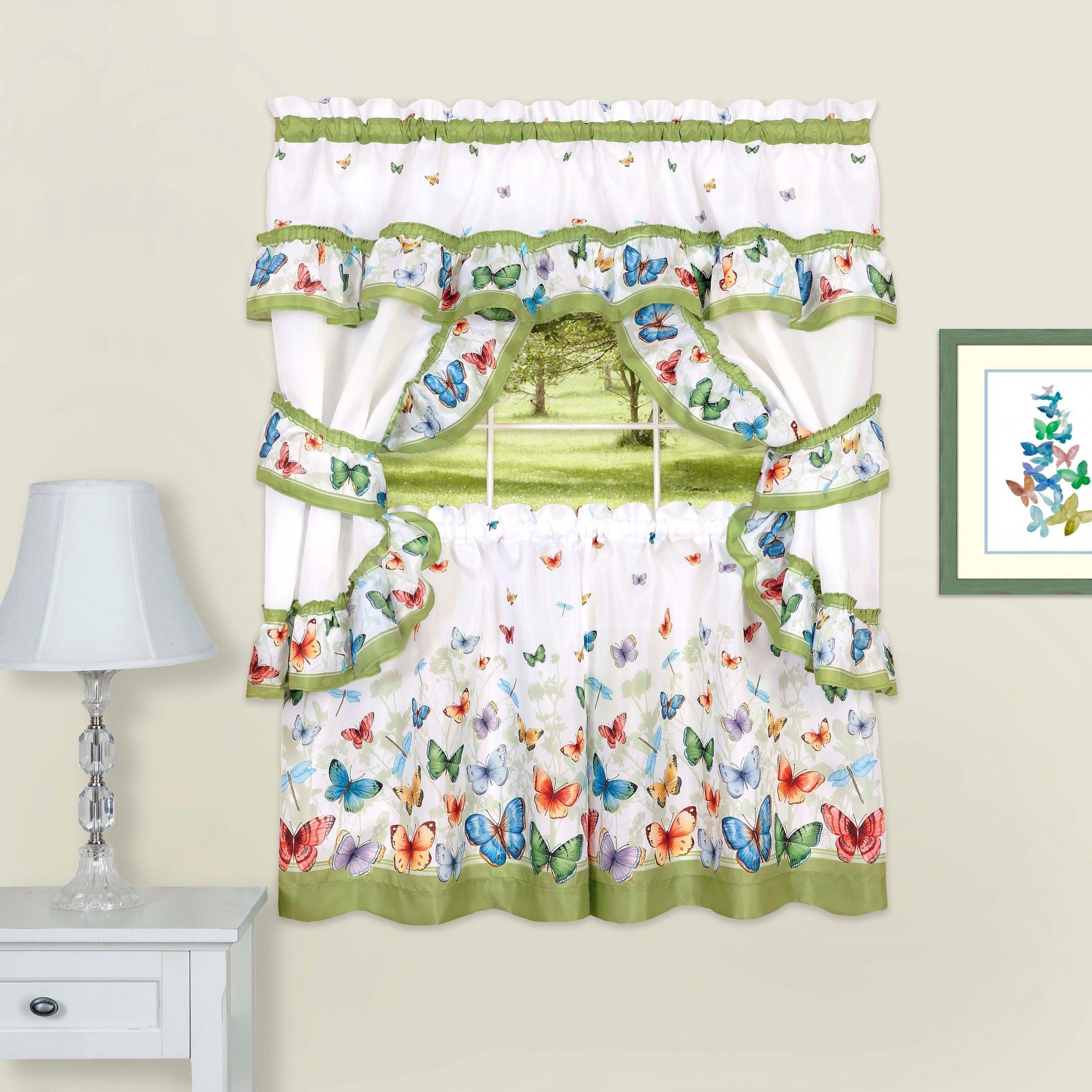Butterflies Printed Cottage Window Curtain Set For Fluttering Butterfly White Embroidered Tier, Swag, Or Valance Kitchen Curtains (View 17 of 20)