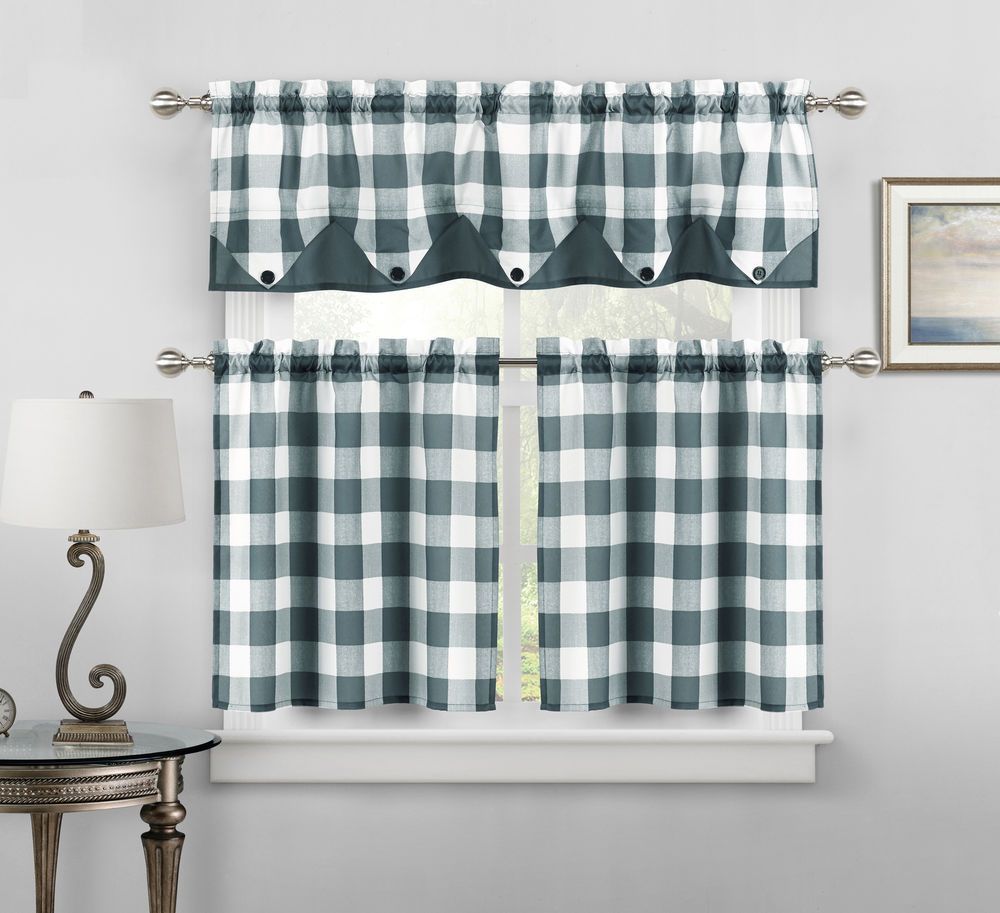 Button Check Faux Silk Kitchen Curtain Drape Tier & Valance Pertaining To Faux Silk 3 Piece Kitchen Curtain Sets (Photo 20 of 20)