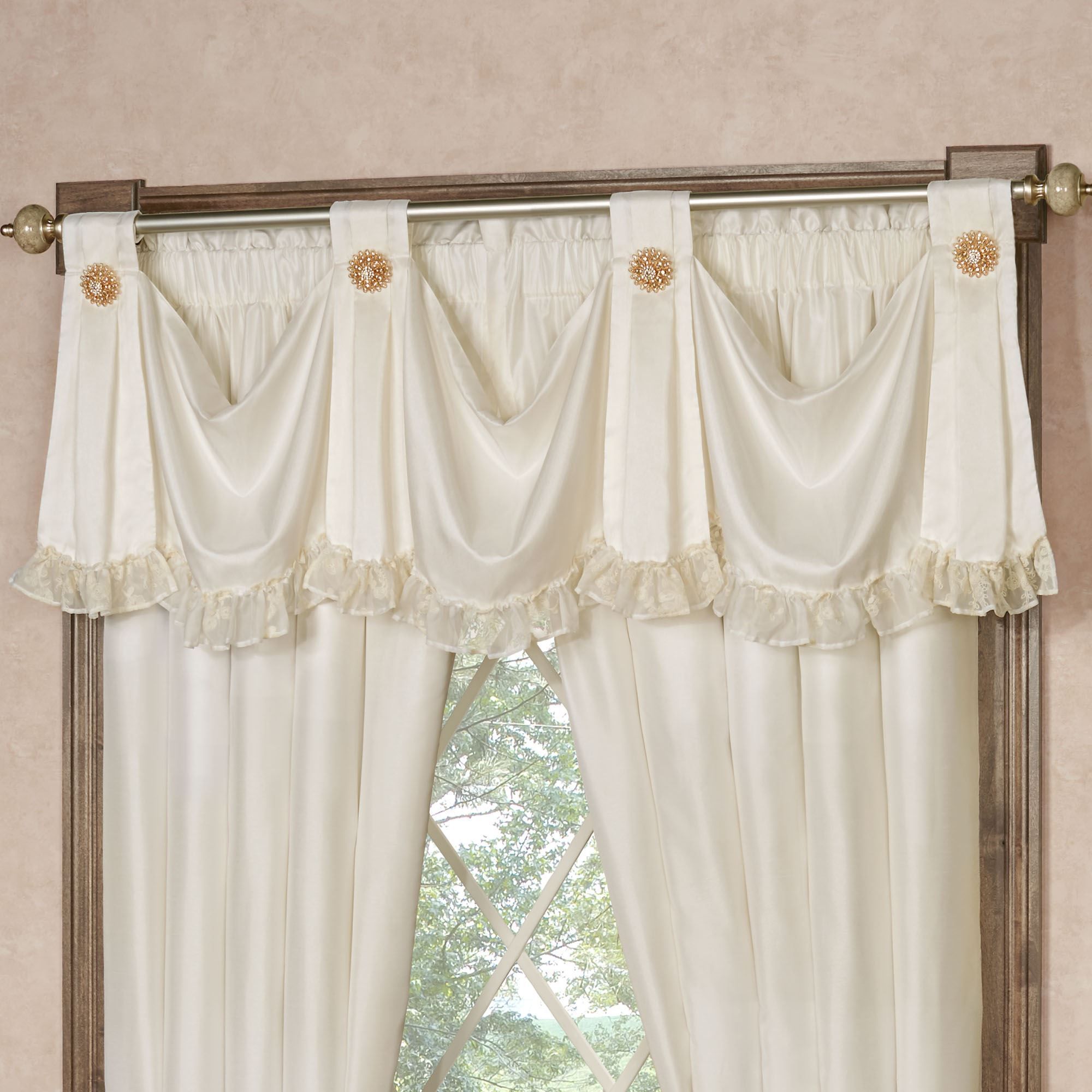 Cameo Lace Romantic Vintage Style Grande Bedspread Bedding Within Vertical Ruffled Waterfall Valances And Curtain Tiers (Photo 16 of 20)
