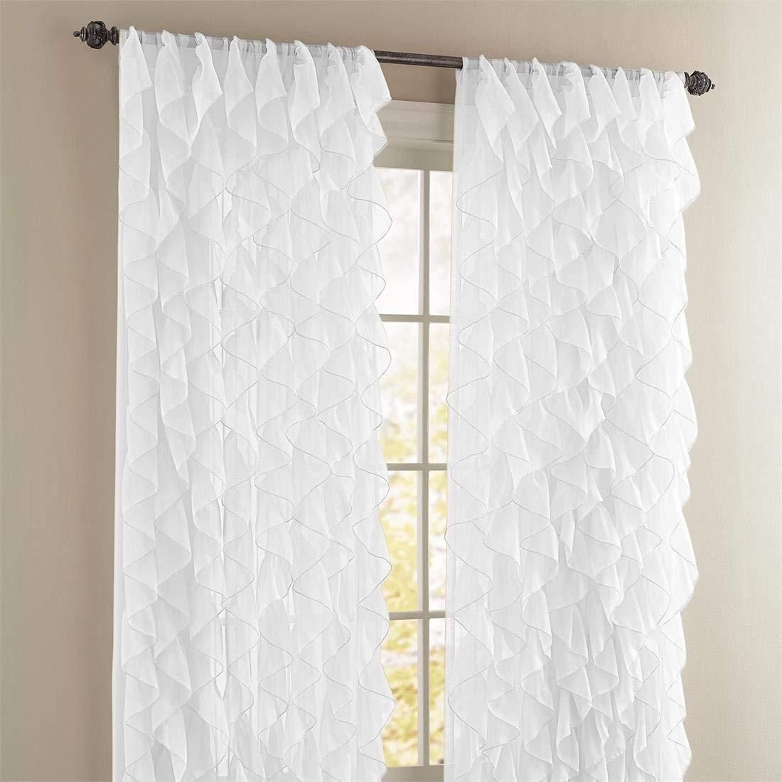 Cascade Ruffled Curtain Panel, 50" Wide84" Long, White, Lorraine Home In Vertical Ruffled Waterfall Valances And Curtain Tiers (Photo 15 of 20)