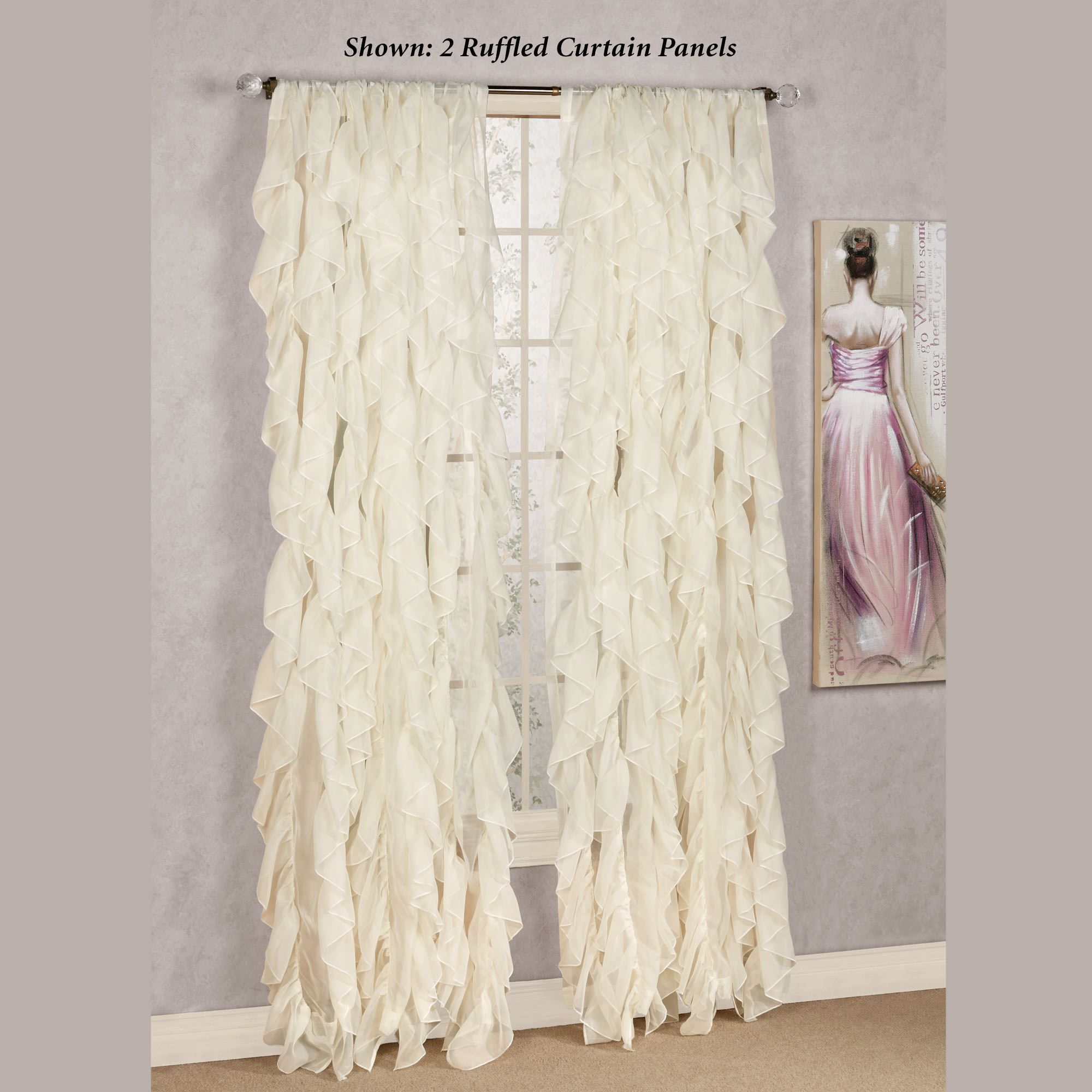 Cascade Sheer Voile Ruffled Window Treatment In Vertical Ruffled Waterfall Valances And Curtain Tiers (Photo 17 of 20)