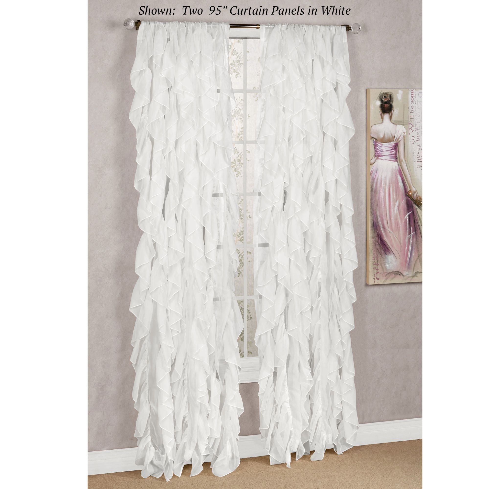Cascade Sheer Voile Ruffled Window Treatment In Vertical Ruffled Waterfall Valances And Curtain Tiers (View 14 of 20)