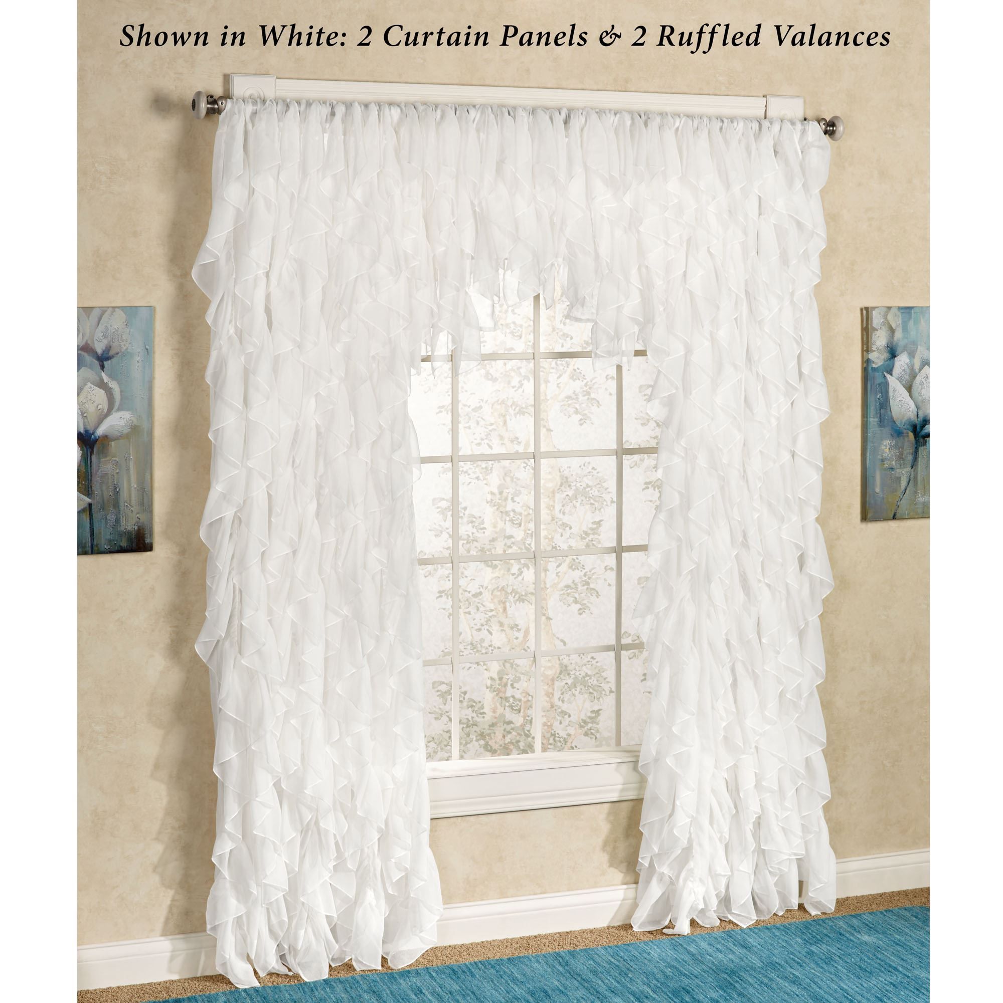 Cascade Sheer Voile Ruffled Window Treatment Within Vertical Ruffled Waterfall Valances And Curtain Tiers (Photo 12 of 20)