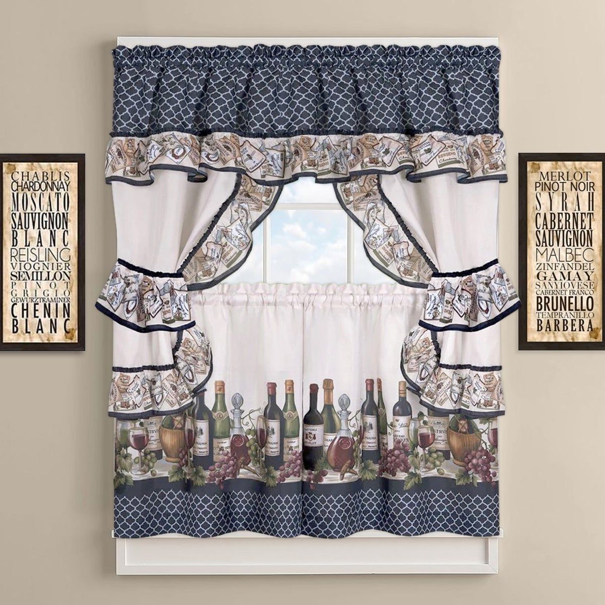 Chateau Wines Cottage Kitchen Curtain Tier And Valance Set With 5 Piece Burgundy Embroidered Cabernet Kitchen Curtain Sets (View 4 of 20)