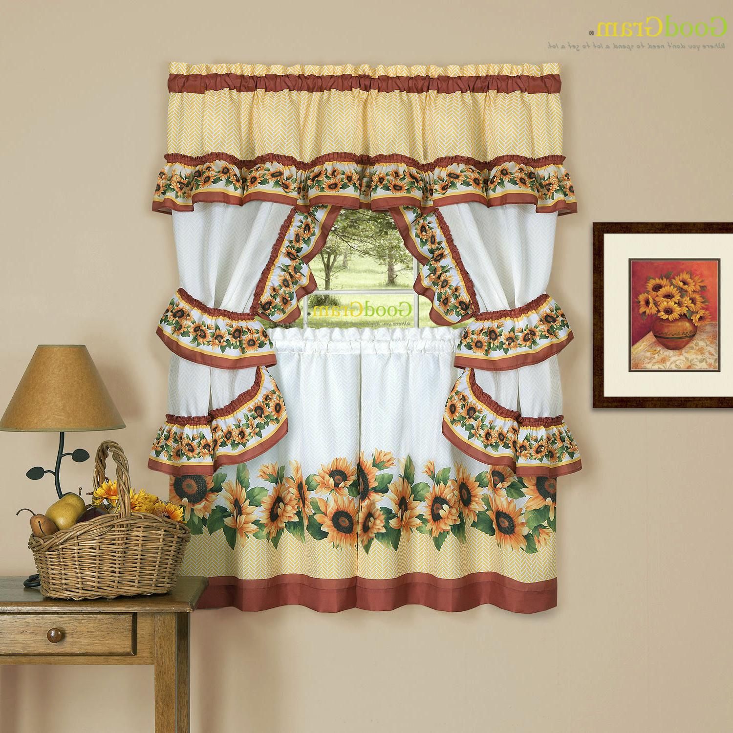 Chevron Sunflower Complete Cottage Kitchen Curtain Set Within Lemon Drop Tier And Valance Window Curtain Sets (View 15 of 20)
