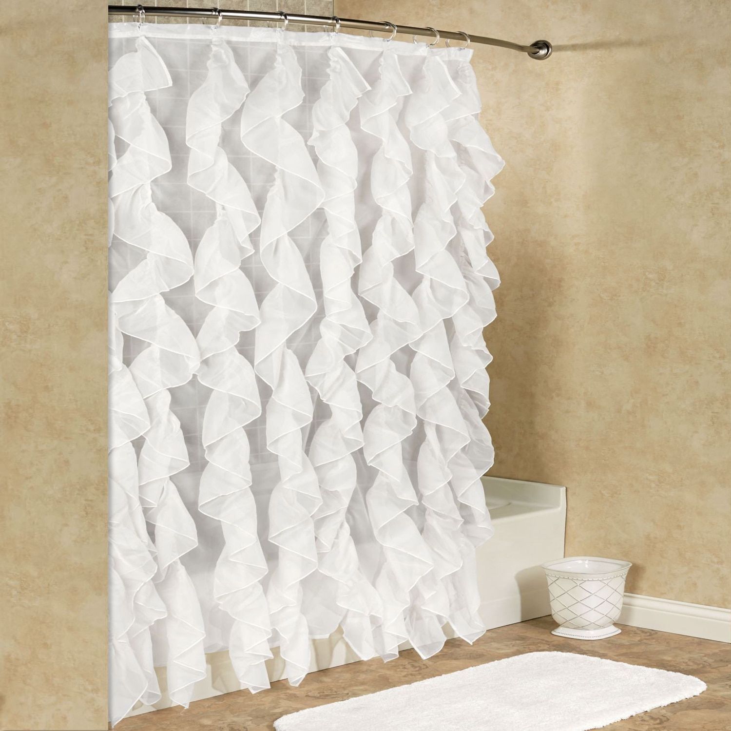 Chic Sheer Voile Vertical Waterfall Ruffled Shower Curtain Pertaining To Vertical Ruffled Waterfall Valances And Curtain Tiers (Photo 19 of 20)