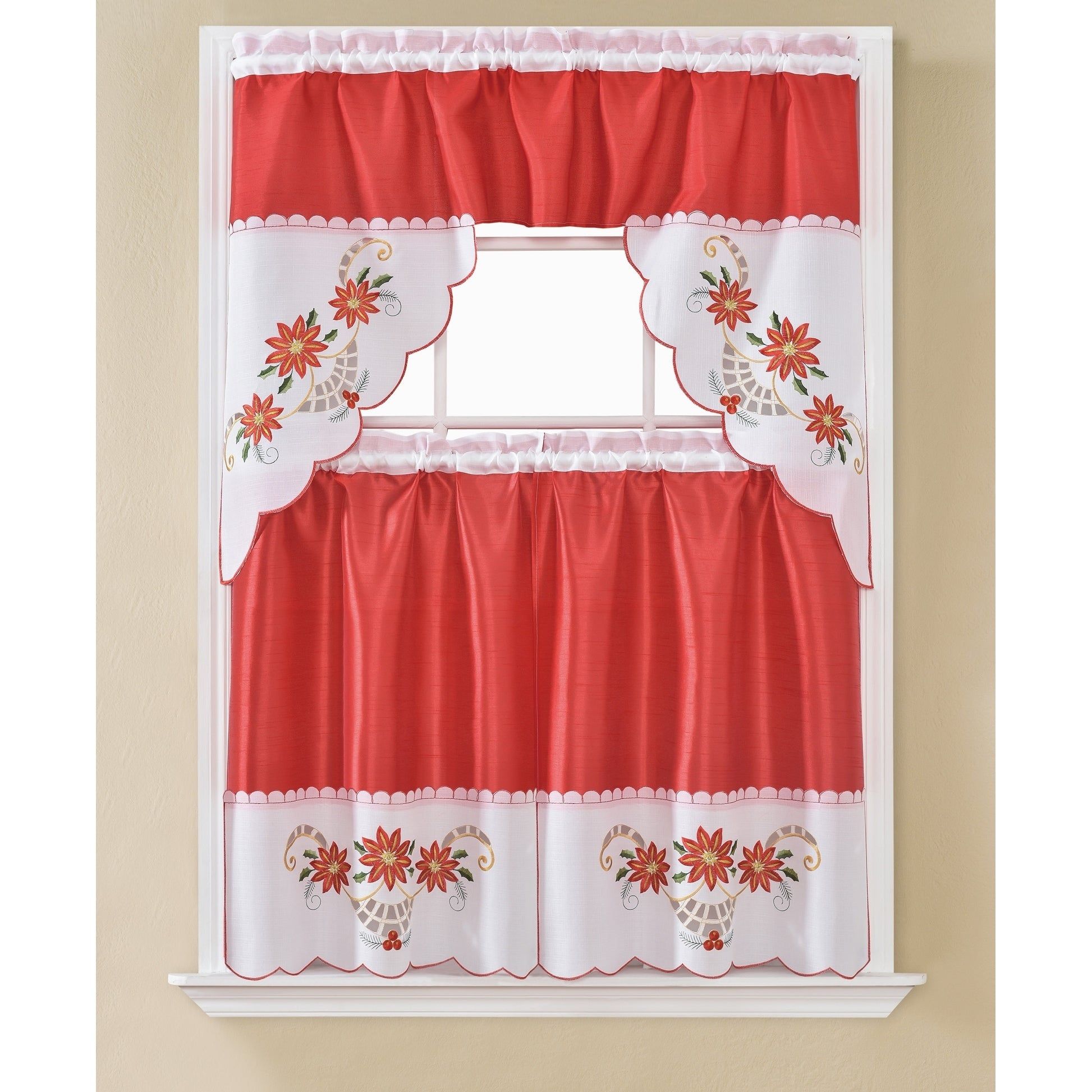 Christmas Poinsettia Embroidered Tier And Swag Kitchen Curtain Set – 60 X  36 In (View 10 of 20)