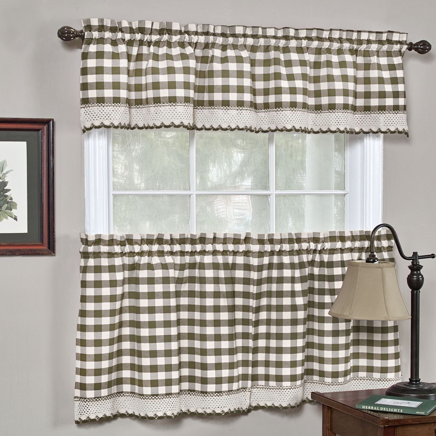 Classic Buffalo Check Kitchen Curtains (24 Tier Pair, Taupe Intended For Barnyard Buffalo Check Rooster Window Valances (View 8 of 20)