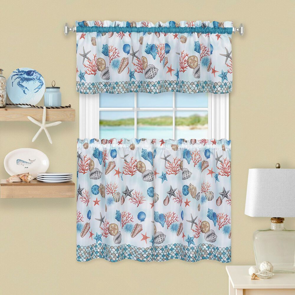 Coastal 3 Piece Printed Kitchen Curtain Set, Blue, Tiers 58x36, Swag 58x14  Inche | Ebay Inside Lemon Drop Tier And Valance Window Curtain Sets (View 9 of 20)