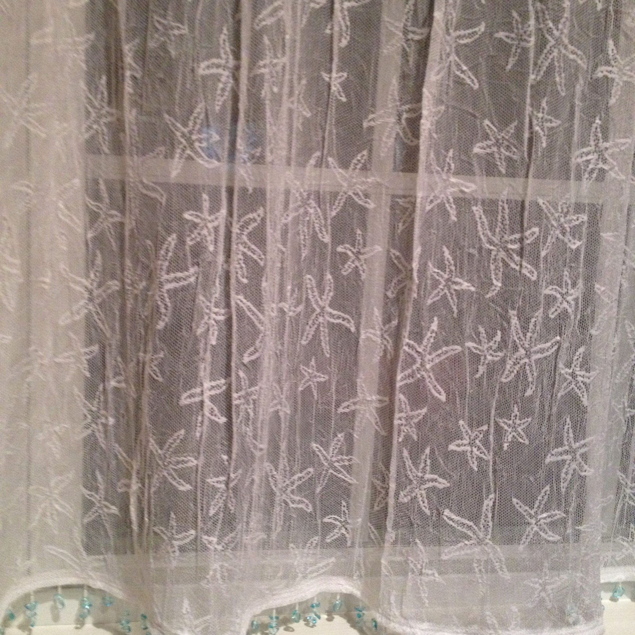 Coastal Starfish Curtains  Sheer With Aqua Sea Glass Bead Within Marine Life Motif Knitted Lace Window Curtain Pieces (Photo 7 of 20)