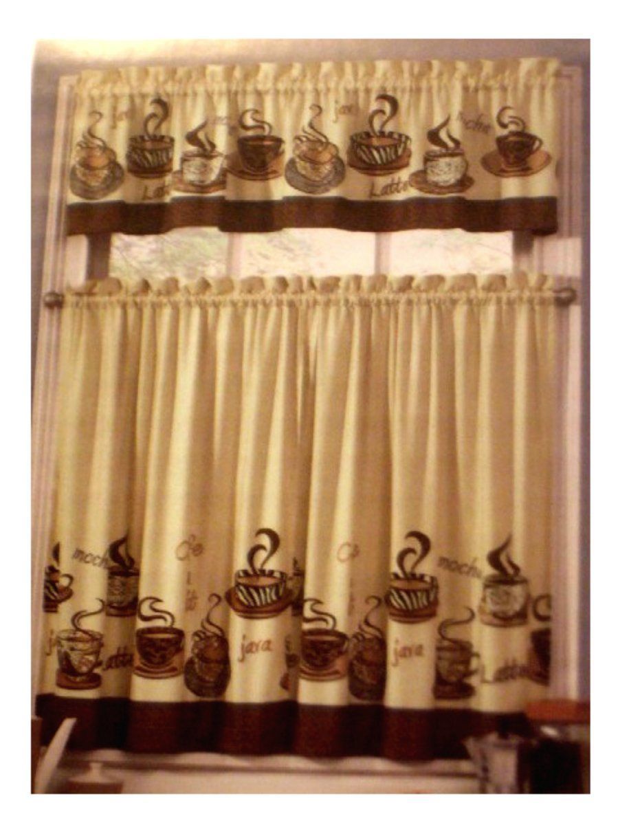 Coffee Themed Kitchen Curtains Tiers Valance Set In 2019 Inside Embroidered &#039;coffee Cup&#039; 5 Piece Kitchen Curtain Sets (View 10 of 20)
