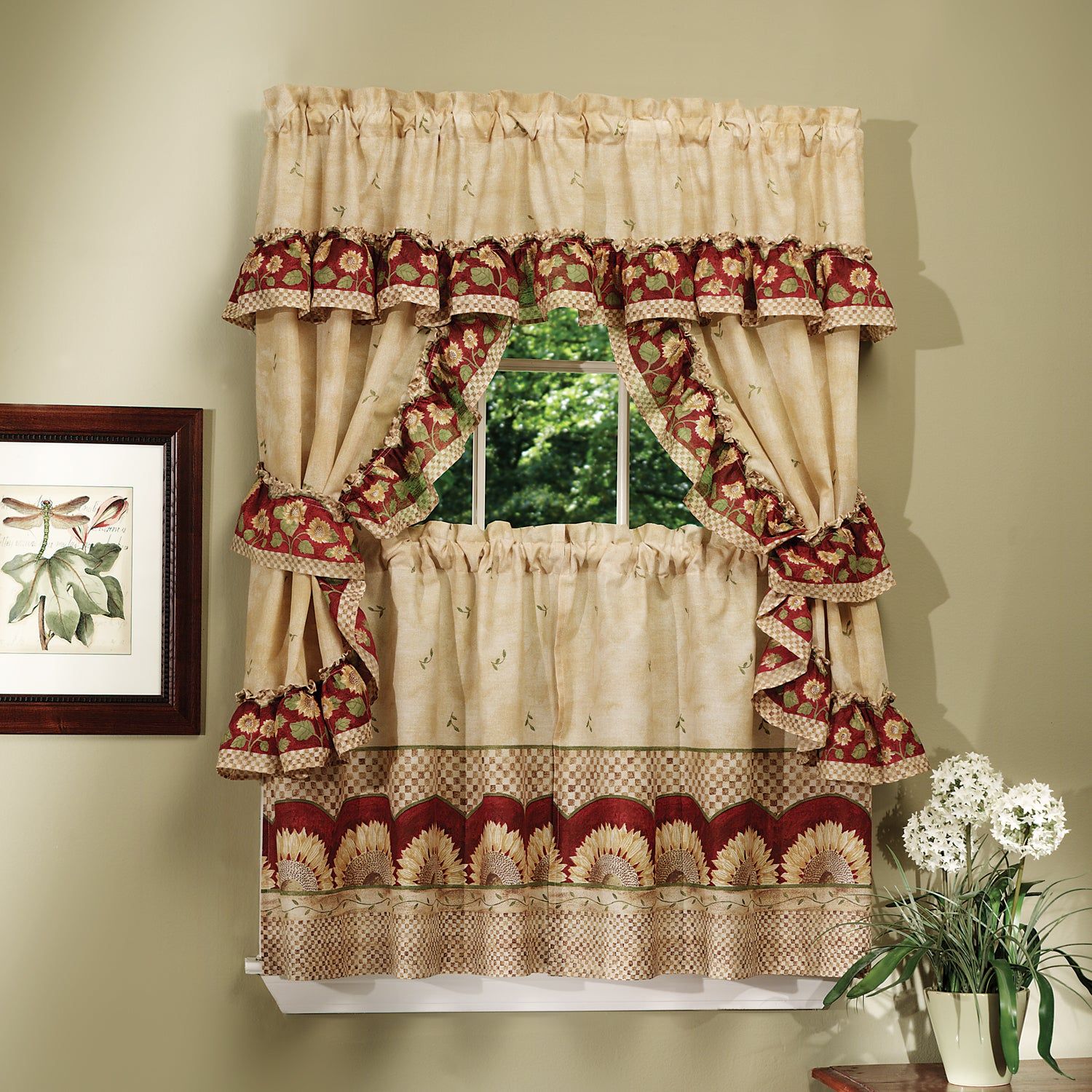 Complete Cottage Curtain Set With A Country Style Sunflower Print – 36 Inch Intended For Window Curtains Sets With Colorful Marketplace Vegetable And Sunflower Print (View 2 of 20)