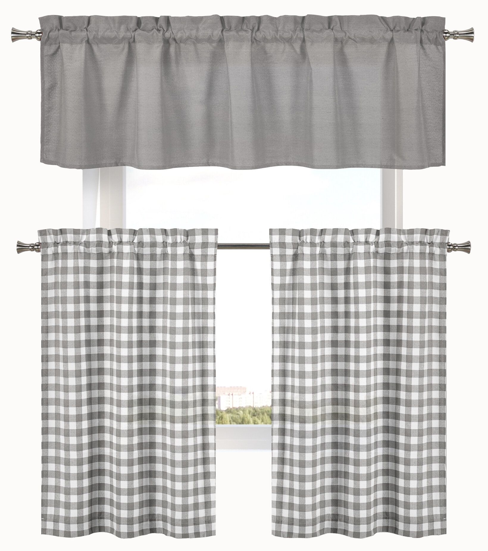 Cosima 3 Piece Complete Plaid Country 58" Kitchen Curtain Set Within Lodge Plaid 3 Piece Kitchen Curtain Tier And Valance Sets (Photo 5 of 20)