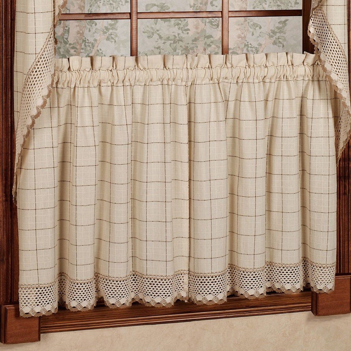 Cotton Classic Toast Window Pane Pattern And Crotchet Trim Tiers, Swags And  Valance Options Inside Cotton Classic Toast Window Pane Pattern And Crotchet Trim Tiers (View 1 of 20)
