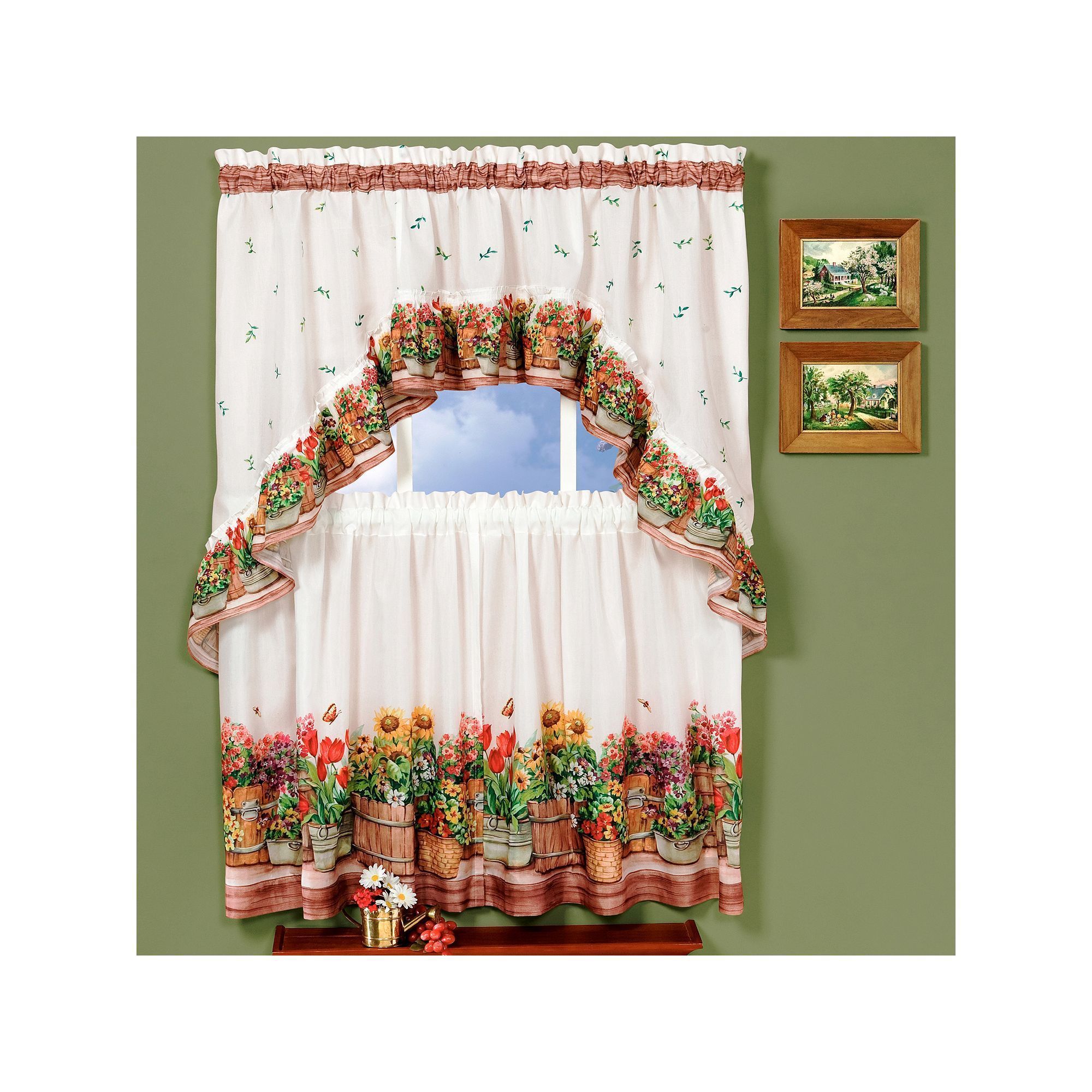 Country Garden 3 Piece Swag Tier Kitchen Window Curtain Set Throughout Chardonnay Tier And Swag Kitchen Curtain Sets (View 8 of 20)