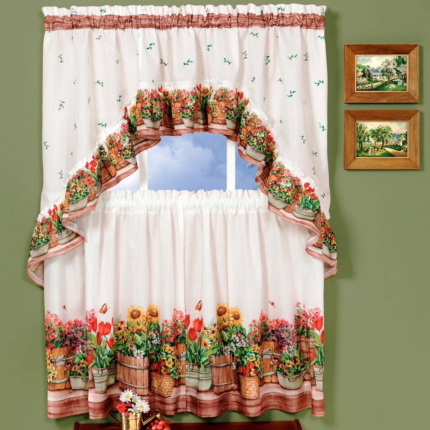 Country Garden Valance And Tier Set Throughout Chardonnay Tier And Swag Kitchen Curtain Sets (View 14 of 20)