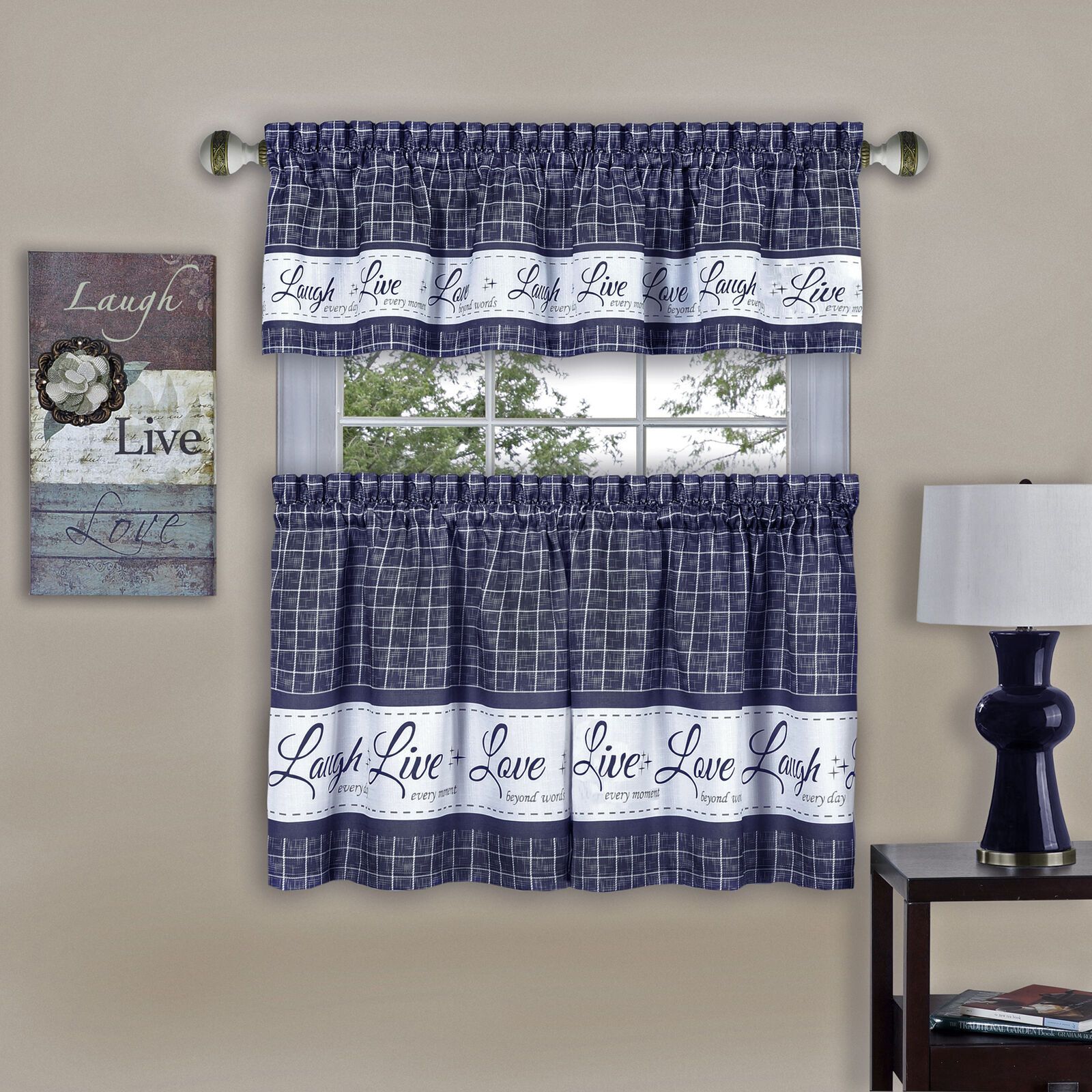 Country Gingham Check Live Laugh Love 3 Piece Café Plaid Intended For Lodge Plaid 3 Piece Kitchen Curtain Tier And Valance Sets (View 13 of 20)
