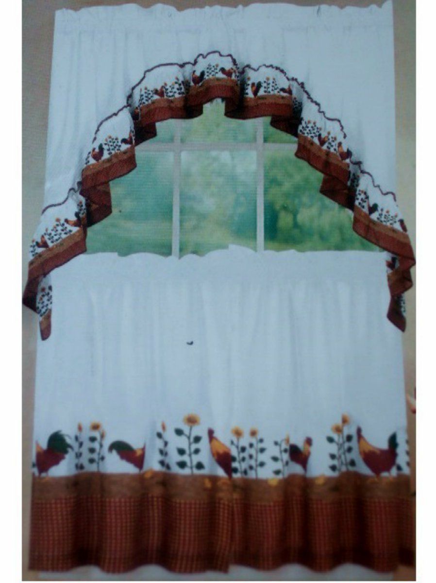 Country Roosters And Sunflowers Kitchen Curtains Set In 2019 Pertaining To Top Of The Morning Printed Tailored Cottage Curtain Tier Sets (View 11 of 20)
