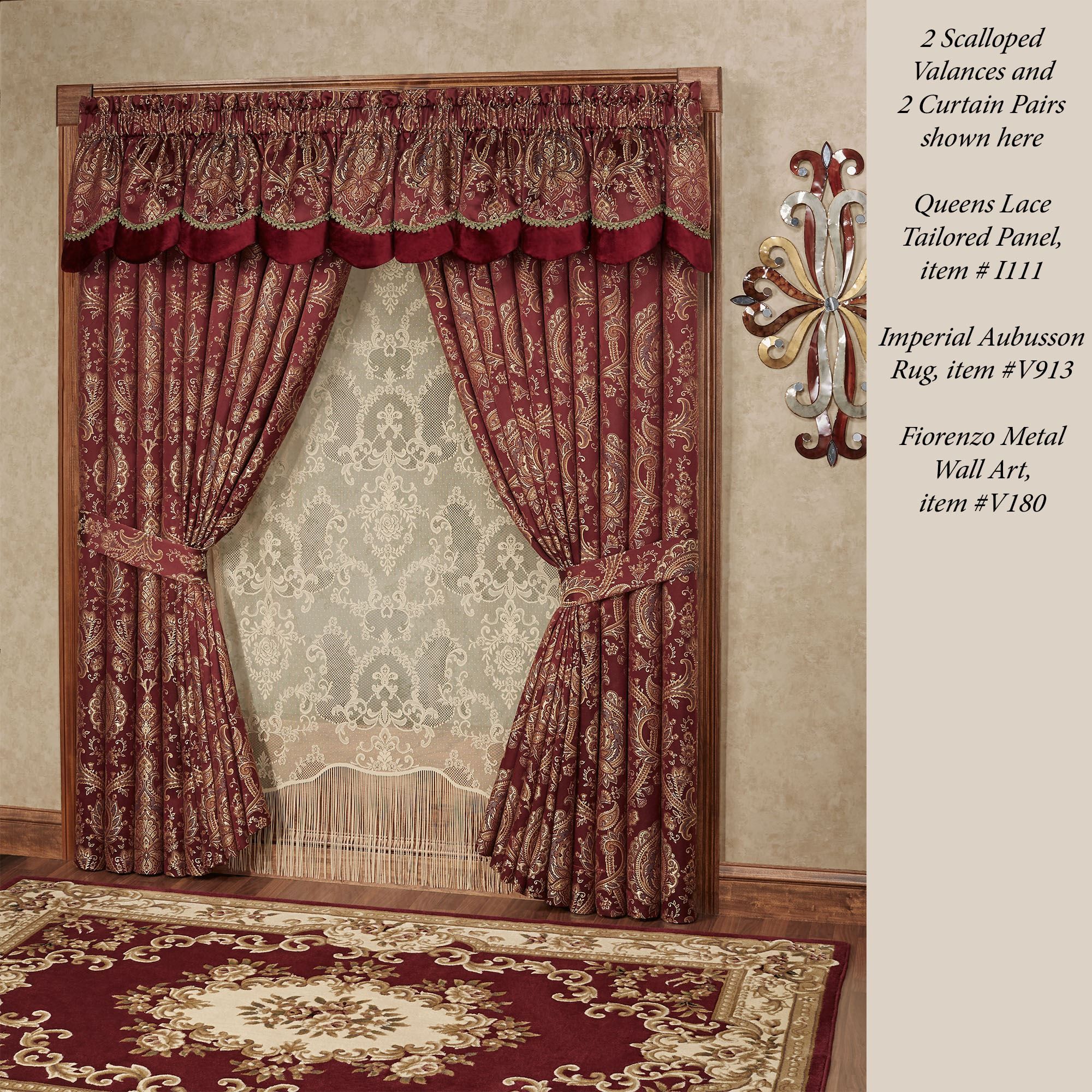 Courtland Cordovan Medallion Scalloped Valance Window Treatment Inside Imperial Flower Jacquard Tier And Valance Kitchen Curtain Sets (Photo 18 of 20)
