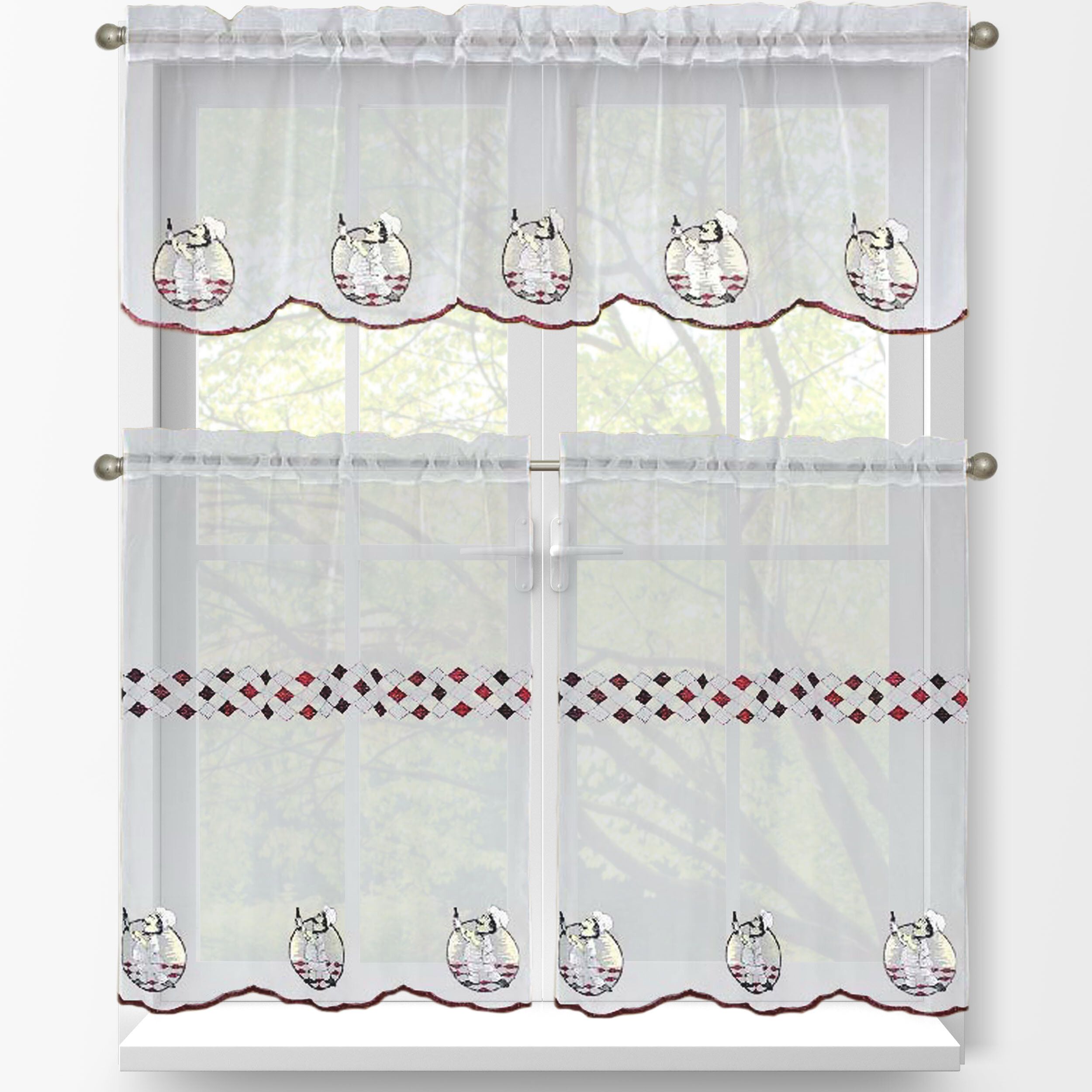 Crandon 3 Piece Embroidered Kitchen Tier And Valance Set With Urban Embroidered Tier And Valance Kitchen Curtain Tier Sets (View 17 of 20)