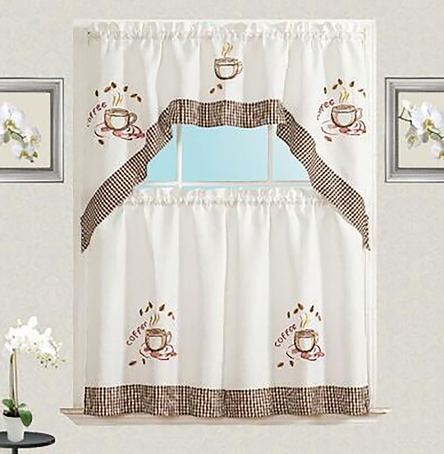 Cream Coffee Cup Design Embroidery Kitchen Curtain With Swag And Tier Set 36 With Coffee Embroidered Kitchen Curtain Tier Sets (Photo 18 of 20)