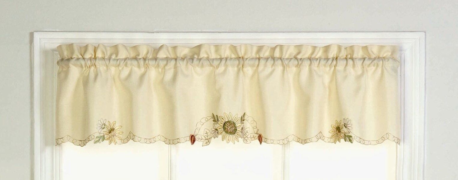 Cripe Embroidered Sunflower Tailored Kitchen 60" Window Valance Within Tailored Valance And Tier Curtains (Photo 17 of 20)