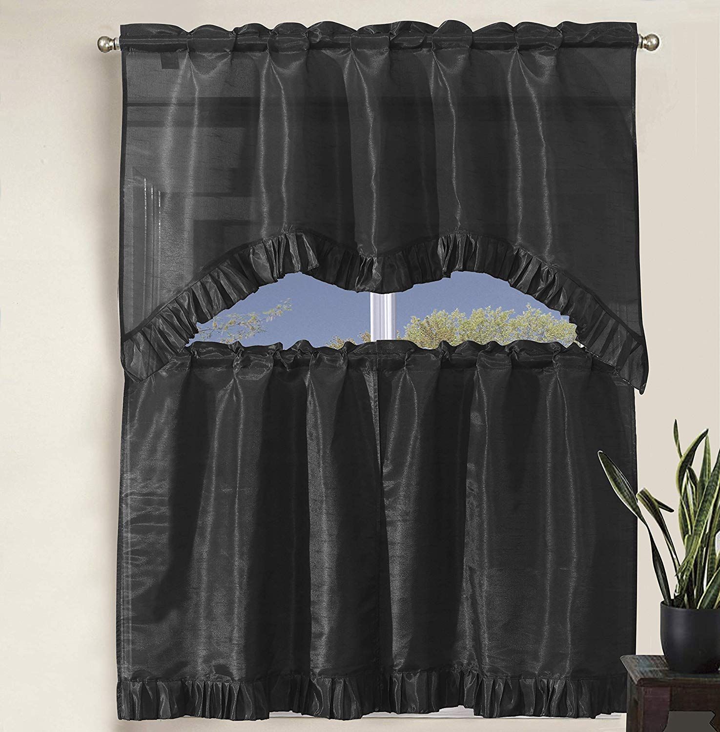 Decotex 3 Piece Pleated Ruffles Faux Silk Solid Kitchen Window Treatment  Curtain Set With Tiers And Valance (36" Tiers With Swag Valance, Chocolate) Throughout Pleated Curtain Tiers (View 13 of 20)