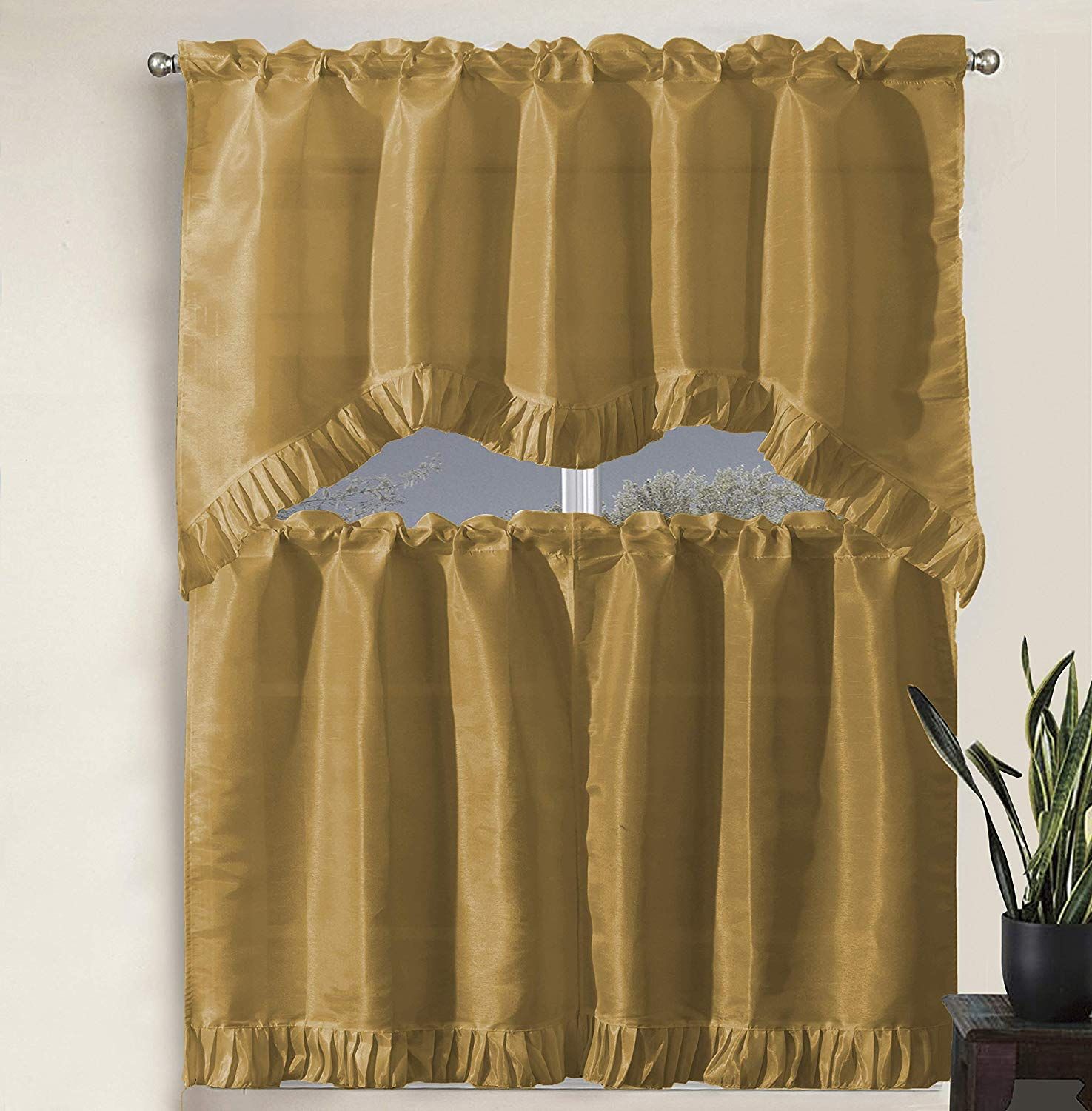 Decotex 3 Piece Pleated Ruffles Faux Silk Solid Kitchen Window Treatment  Curtain Set With Tiers And Valance (36" Tiers With Swag Valance, Gold) In Faux Silk 3 Piece Kitchen Curtain Sets (Photo 16 of 20)