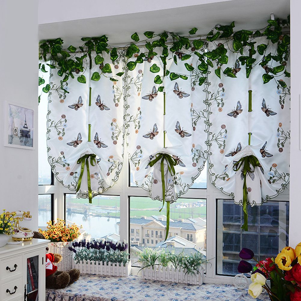 Details About 1pc Pastoral Butterfly Roman Curtains Kitchen Balloon Shades  Cafe Rustic Sheer Pertaining To Rustic Kitchen Curtains (View 17 of 20)