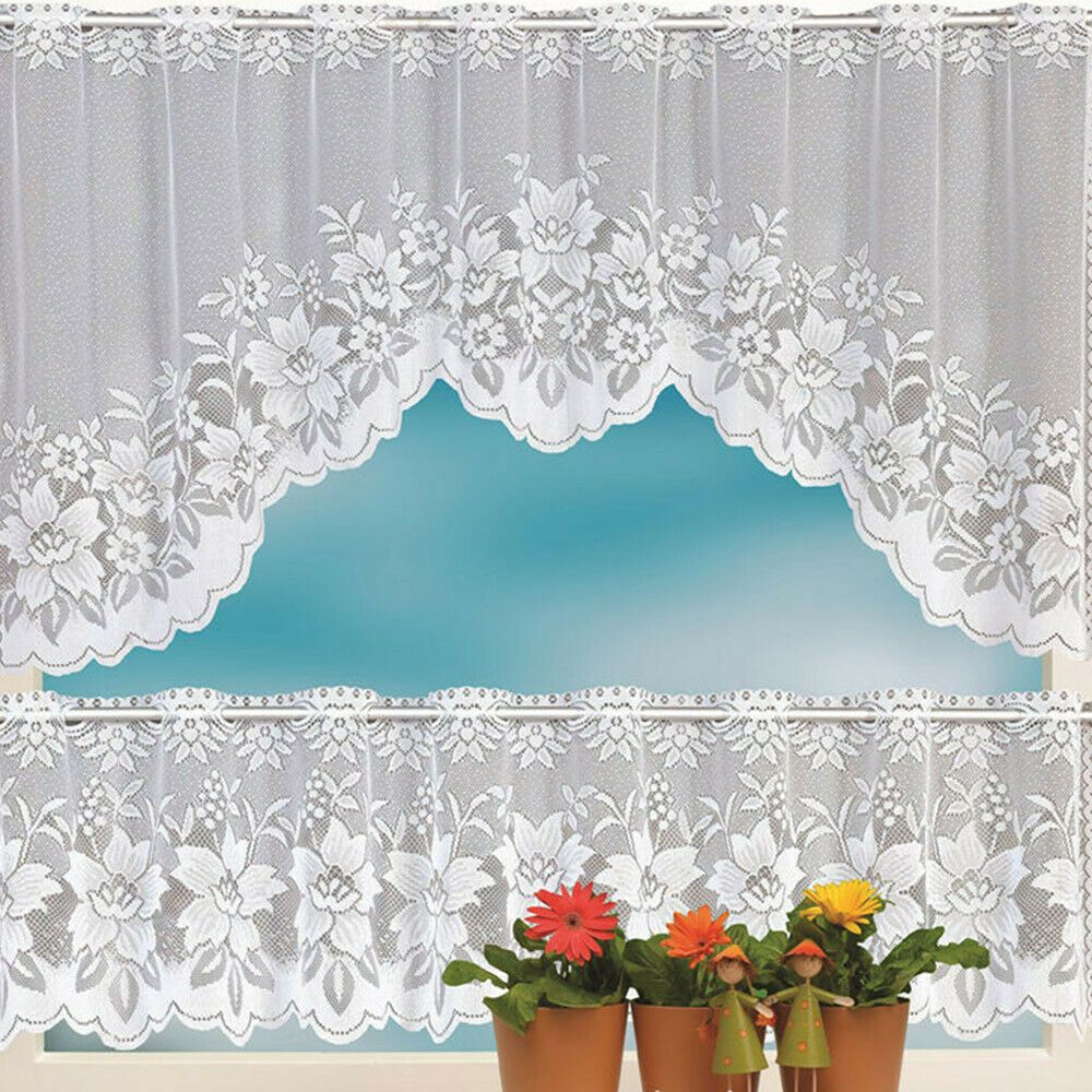 Details About 2pcs Floral Lace Semi Sheer Kitchen Curtain Choice Tier  Valance Swag White F Pertaining To Floral Lace Rod Pocket Kitchen Curtain Valance And Tiers Sets (View 3 of 20)