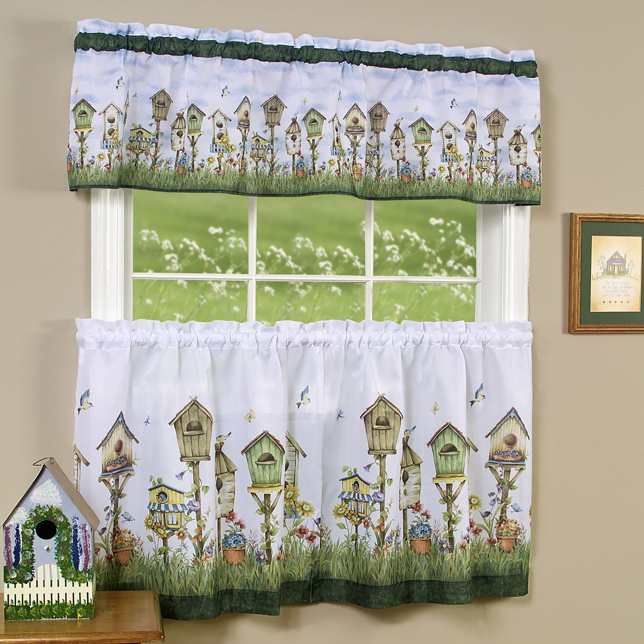 Details About 3pc Floral Window Kitchen Curtain Set Love Birds Birdhouse  Tier Panel & Valance With Kitchen Window Tier Sets (View 9 of 20)