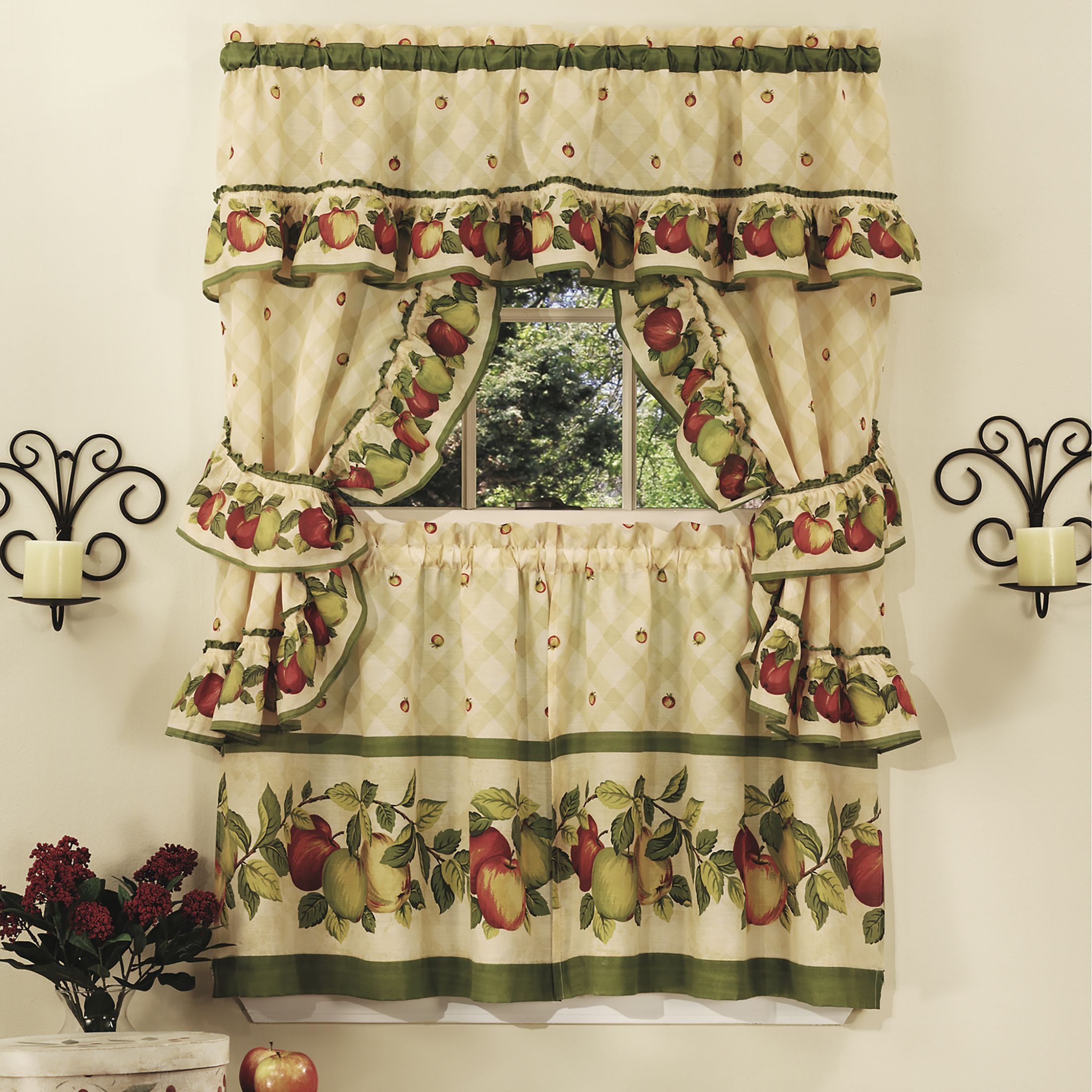 Details About 5pc Window Kitchen Curtain Cottage Set, Apple Vines, Tiers,  Valance, Tiebacks Pertaining To Delicious Apples Kitchen Curtain Tier And Valance Sets (View 2 of 20)