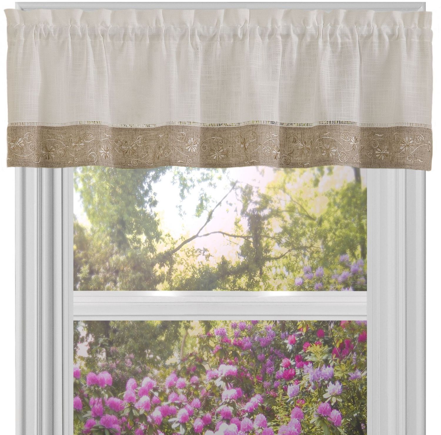 Details About Achim Oakwood Valance Natural W/ Monochromatic Floral  Embroidery Tailored Linen In Top Of The Morning Printed Tailored Cottage Curtain Tier Sets (View 13 of 20)