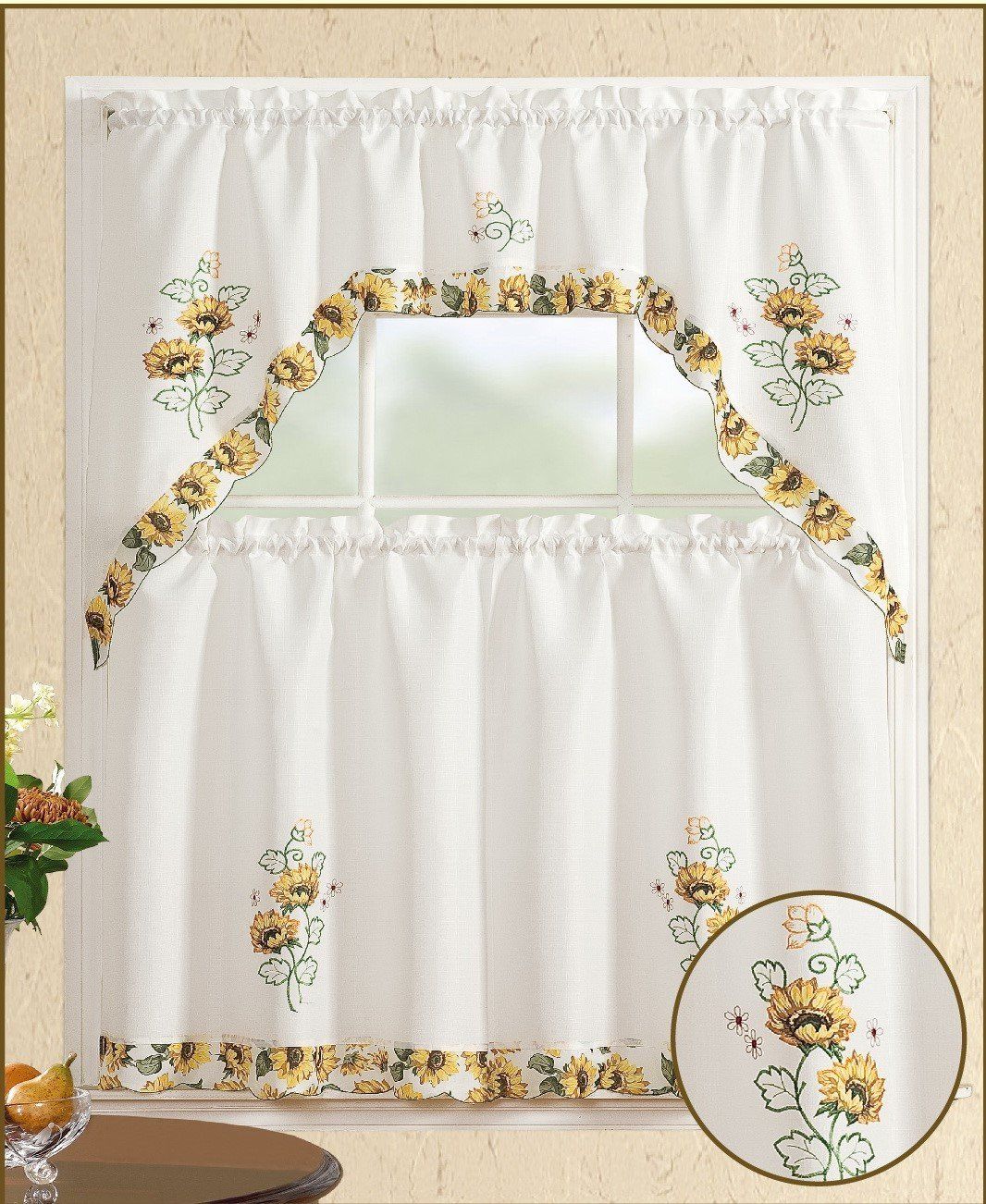 Details About All American Collection 3pc Sunflower Kitchen Curtain Set In Traditional Tailored Window Curtains With Embroidered Yellow Sunflowers (View 11 of 20)