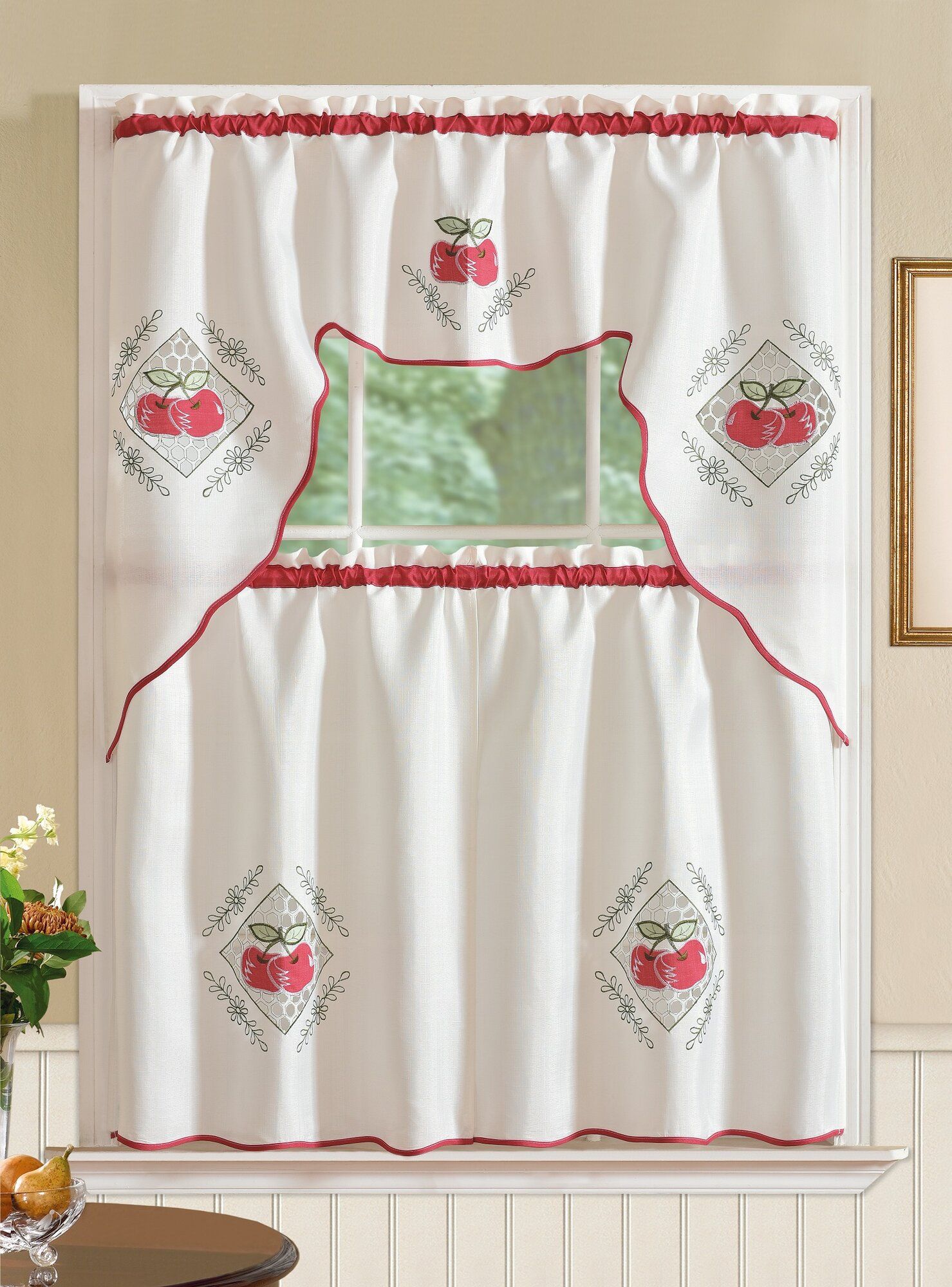 Details About August Grove Marcel Red Apple 3 Piece Kitchen Curtain Set With Red Delicious Apple 3 Piece Curtain Tiers (Photo 1 of 20)