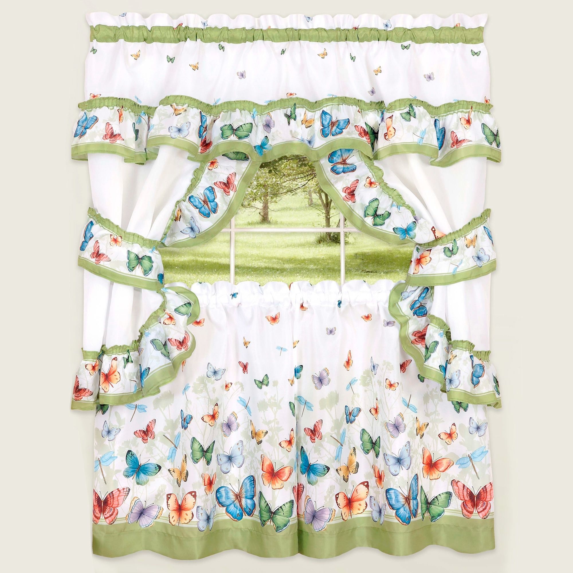 Details About Butterflies Printed Kitchen Curtain Cottage Set Swag Tiers &  Tiebacks 24" Green Throughout Multicolored Printed Curtain Tier And Swag Sets (View 9 of 20)