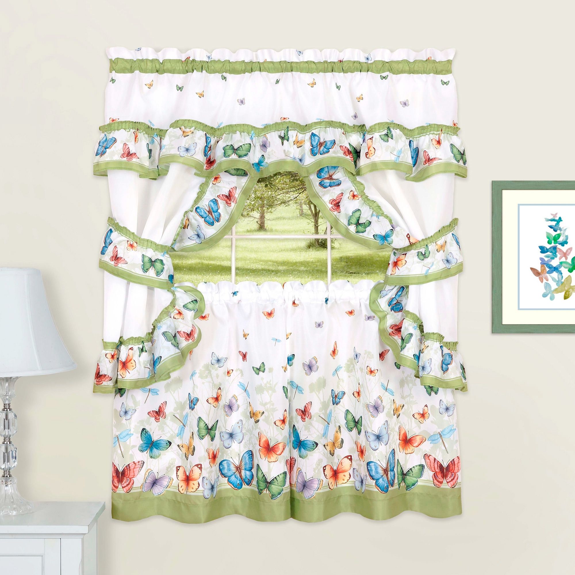 Details About Butterflies Printed Kitchen Curtain Cottage Set Swag Tiers &  Tiebacks 24" Green With Multicolored Printed Curtain Tier And Swag Sets (View 5 of 20)