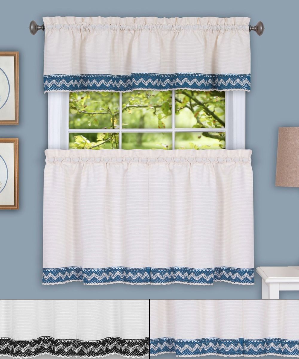 Details About Camden Macrame Trimmed Kitchen Window Curtain 24" Tiers &  Valance Set Intended For Pintuck Kitchen Window Tiers (Photo 11 of 20)