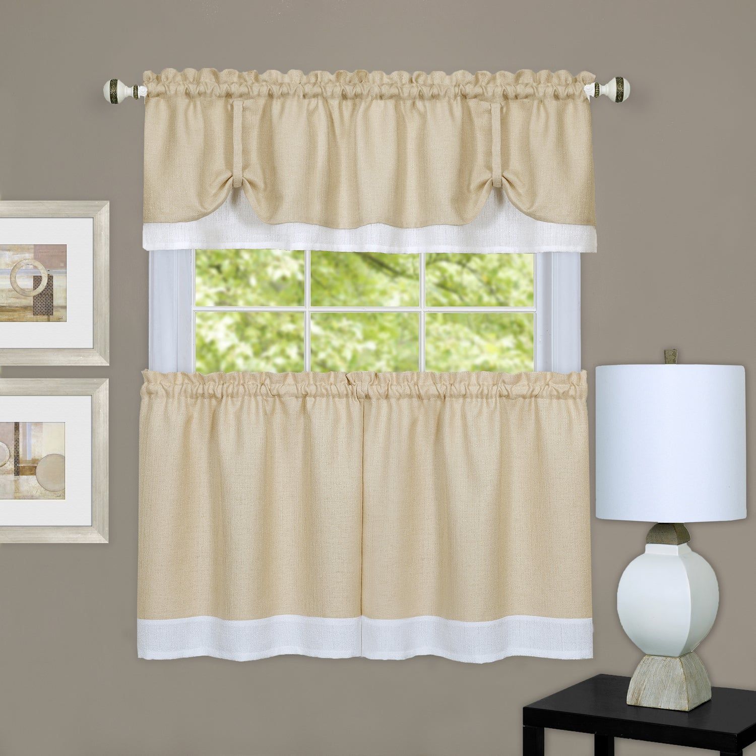 Details About Double Layer Tie Up Tan/ White 3 Piece Tier And Valance  Window Curtain Set In Barnyard Window Curtain Tier Pair And Valance Sets (View 15 of 20)