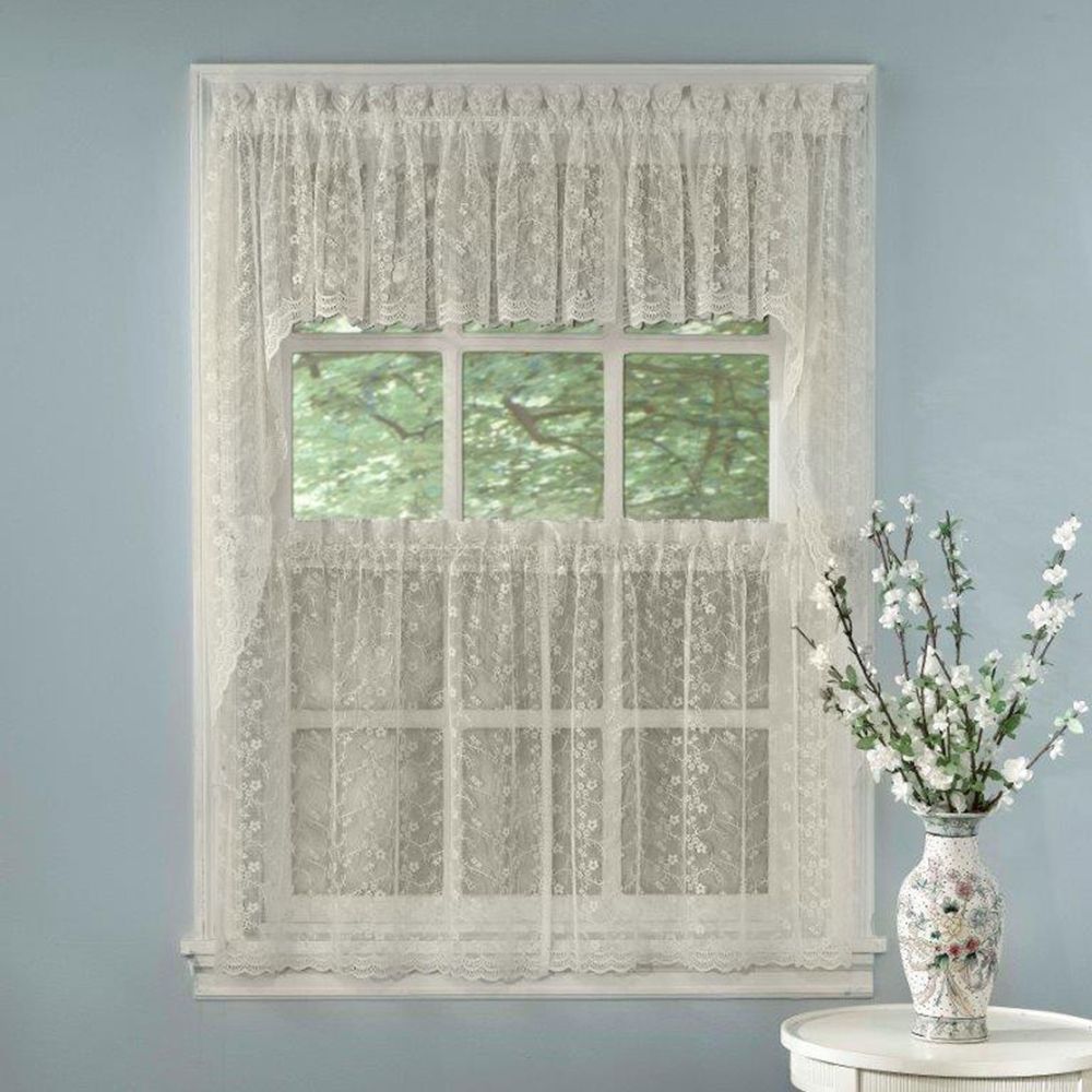 Details About Elegant Ivory Priscilla Lace Kitchen Curtains – Tiers,  Tailored Valance Or Swag For Kitchen Curtain Tiers (View 7 of 20)