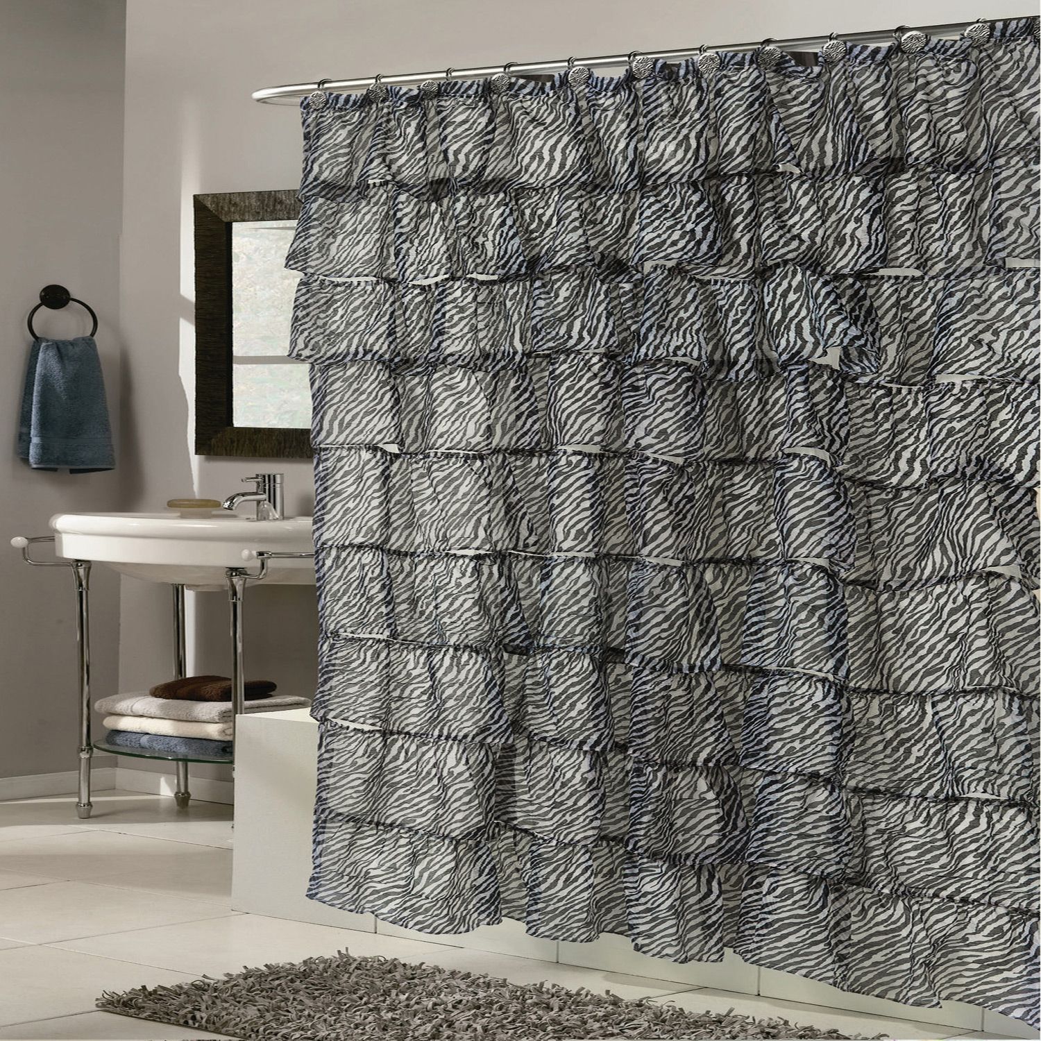 Details About Elegant Zebra Pattern Crushed Voile Ruffled Tier Shower  Curtain 70" X 72" Regarding Elegant Crushed Voile Ruffle Window Curtain Pieces (View 9 of 20)