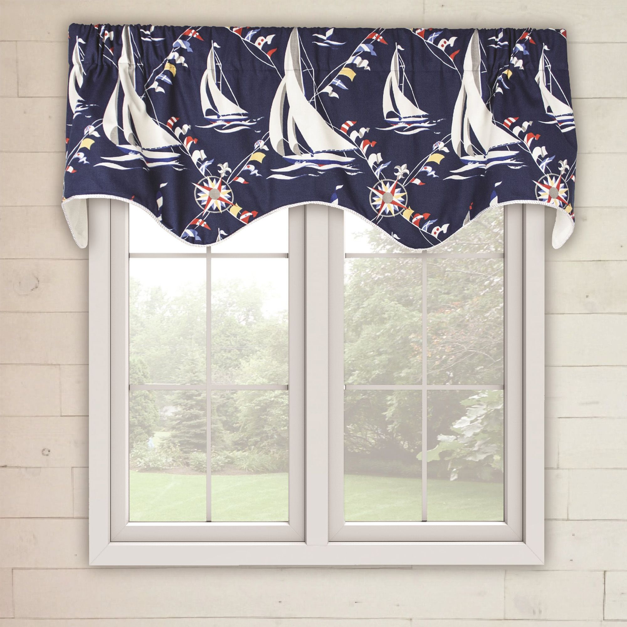 Details About Ellis Curtain Nautical Sail Scallop Window Valance With Rod  Pocket, 50x16 Navy Within Hudson Pintuck Window Curtain Valances (Photo 7 of 20)