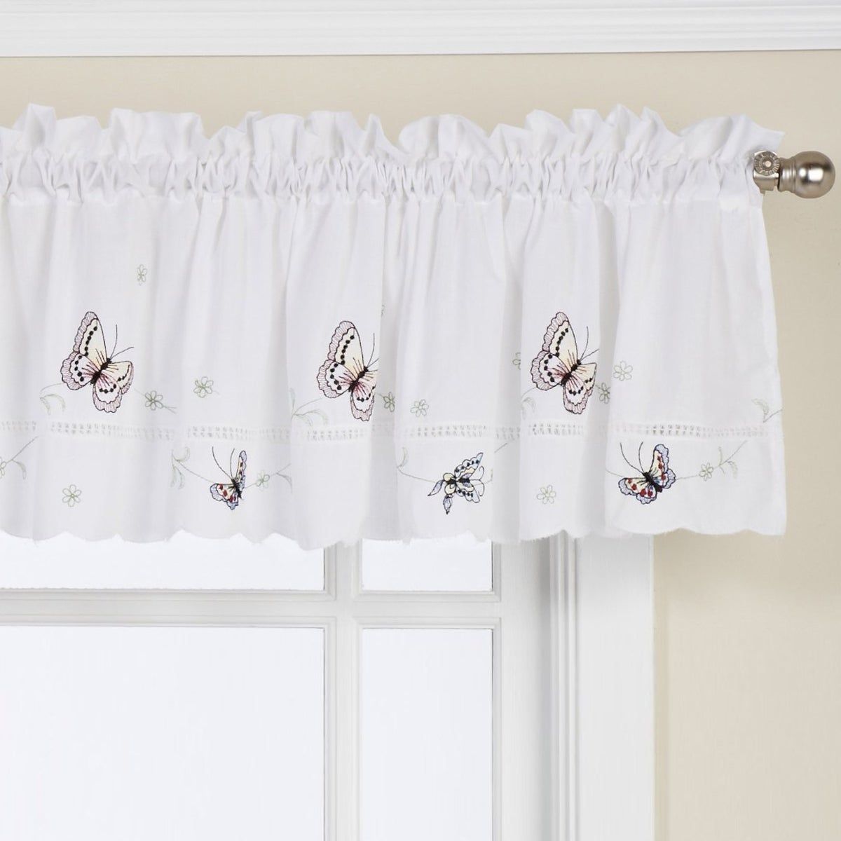 Details About Fluttering Butterfly White Embroidered Tier, Swag, Or White  Valance 56"w X 12"l Within Fluttering Butterfly White Embroidered Tier, Swag, Or Valance Kitchen Curtains (View 1 of 20)