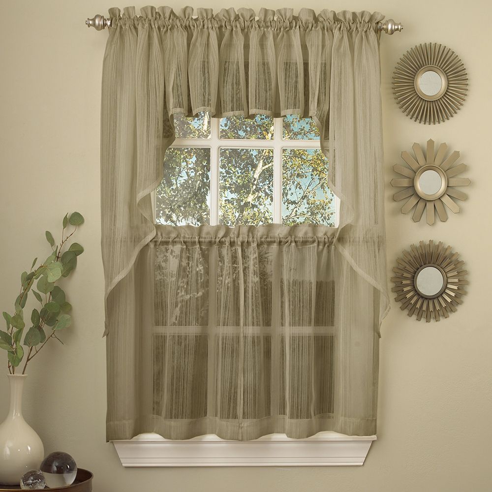Details About Harmony Mocha Micro Stripe Semi Sheer Kitchen Curtains Tier  Or Valance Or Swag With Regard To White Micro Striped Semi Sheer Window Curtain Pieces (View 3 of 20)