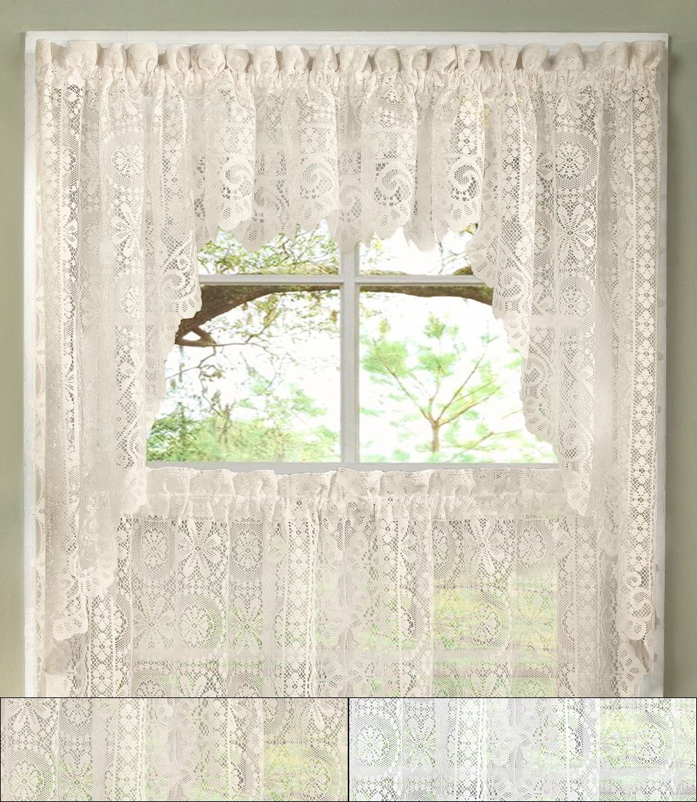 Details About Hopewell Heavy Floral Lace Kitchen Window Curtain Swag Pair Throughout Floral Embroidered Sheer Kitchen Curtain Tiers, Swags And Valances (Photo 19 of 20)